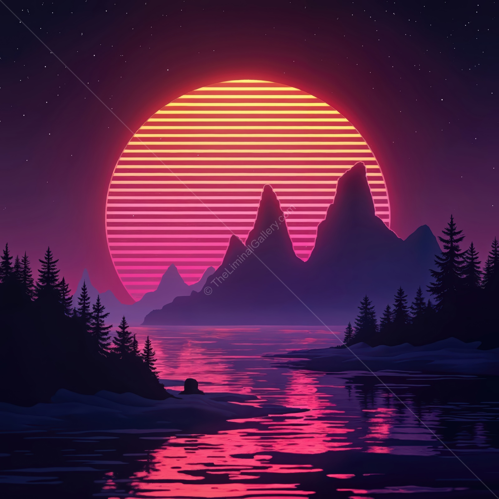 Vibrant sunset over mountains reflects on tranquil water in a serene landscape