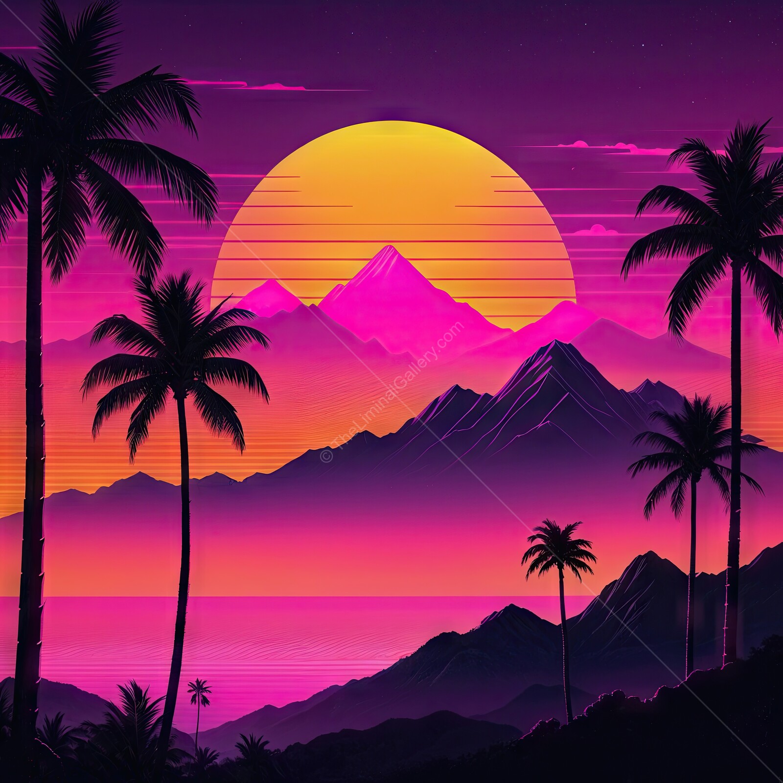 Vibrant 80s sunset over majestic mountains with silhouetted palm trees in a tropical paradise
