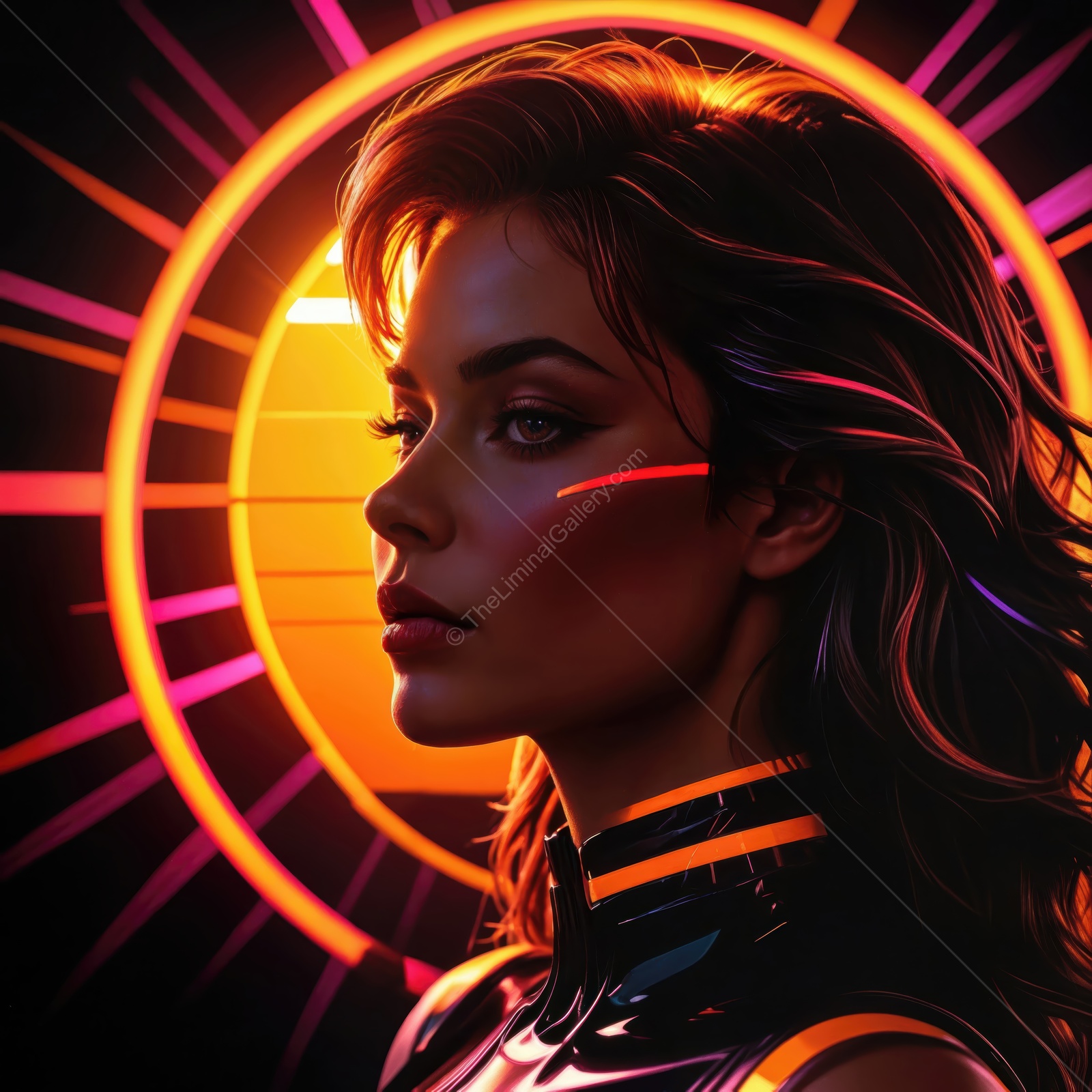 Sunset silhouette of a woman with vibrant lighting and futuristic elements