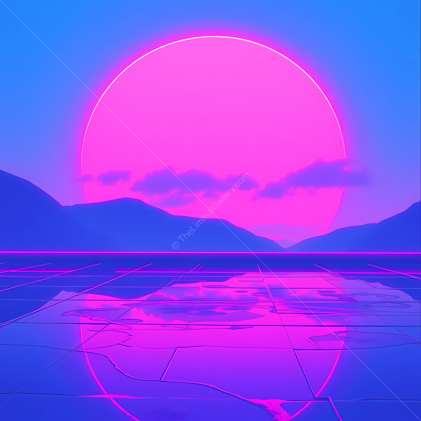 Vibrant synthwave sunset reflecting on a tranquil lake amidst misty mountains at twilight