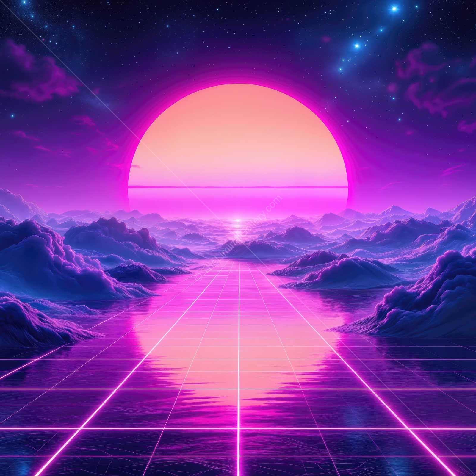 Vibrant sunset over a surreal landscape with glowing water and dreamy clouds, capturing the essence of a retro-futuristic world