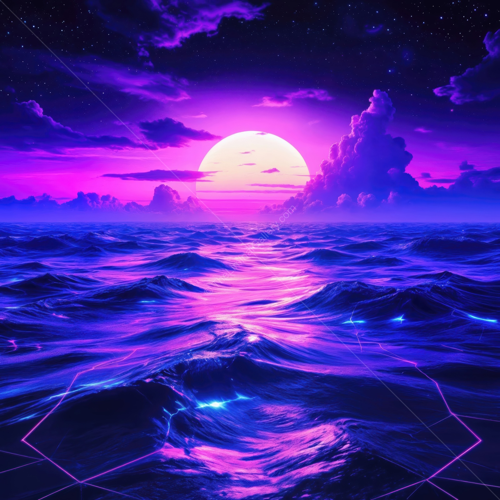 Captivating sunset over a vibrant ocean with purple hues and shimmering waves