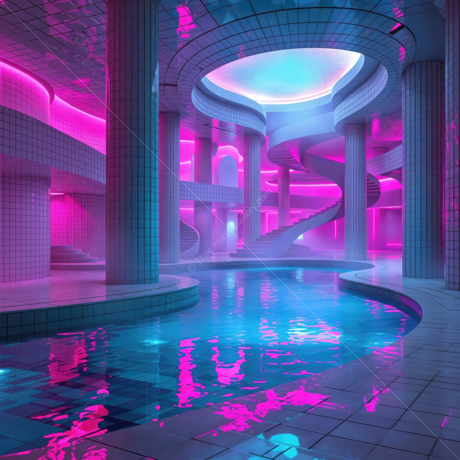 Exploring a surreal swimming pool paradise with vibrant colors and dreamy architecture