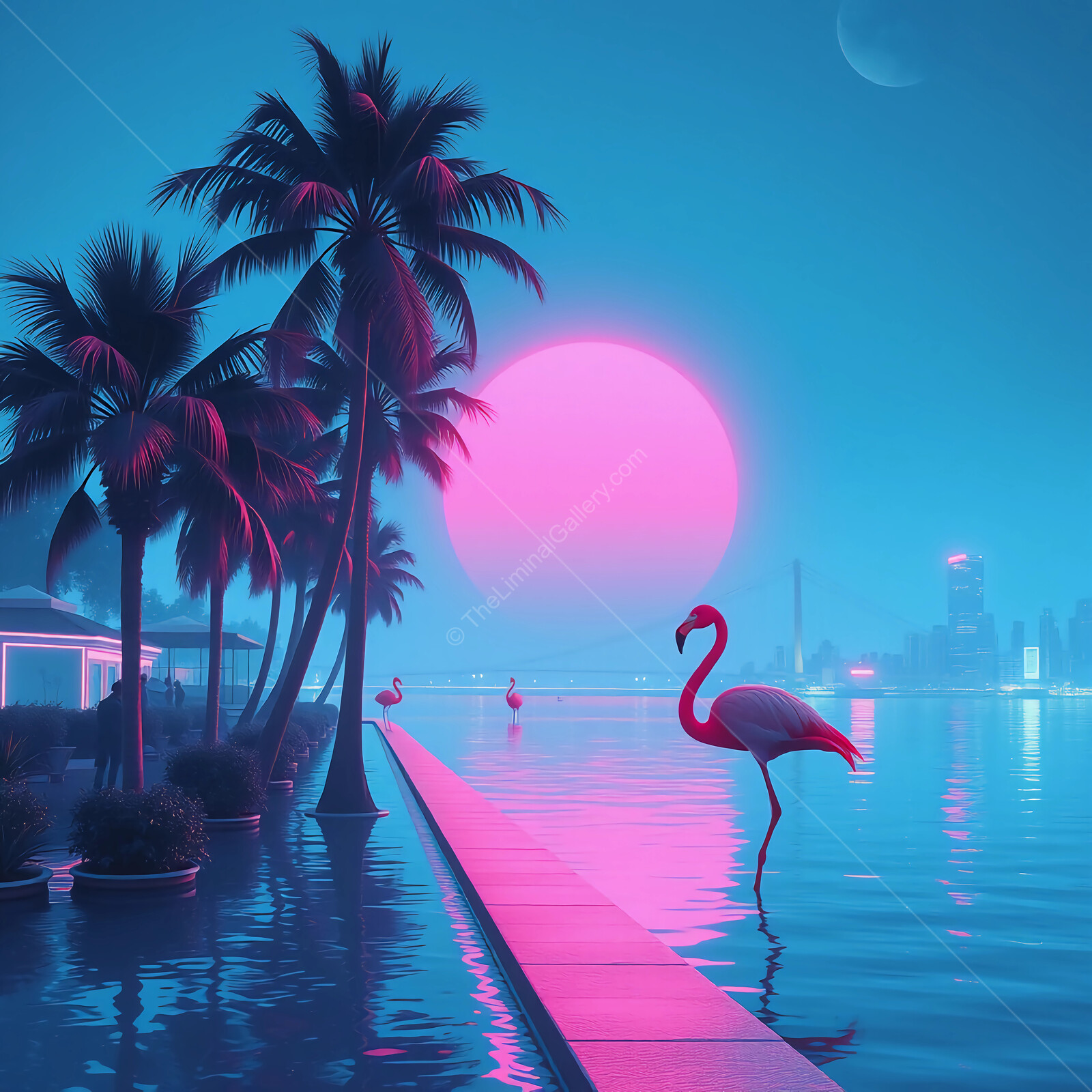 Vibrant 80s synthwave sunset casts neon hues over a serene lagoon with palm trees and elegant flamingos