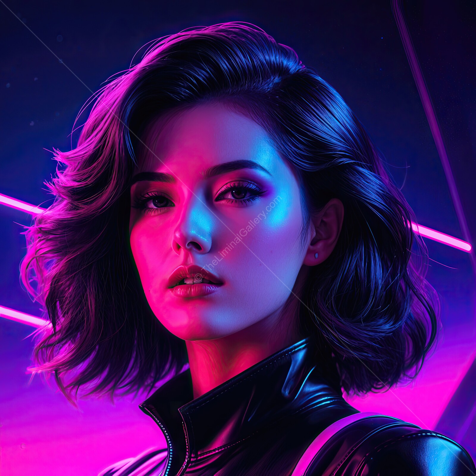 Striking synthwave portrait of a woman in futuristic style illuminated by neon lights