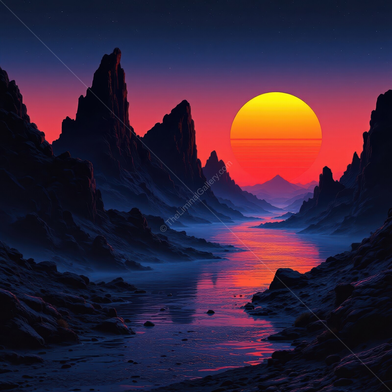 Majestic synthwave sunset casts vibrant hues over the serene river and rocky mountains