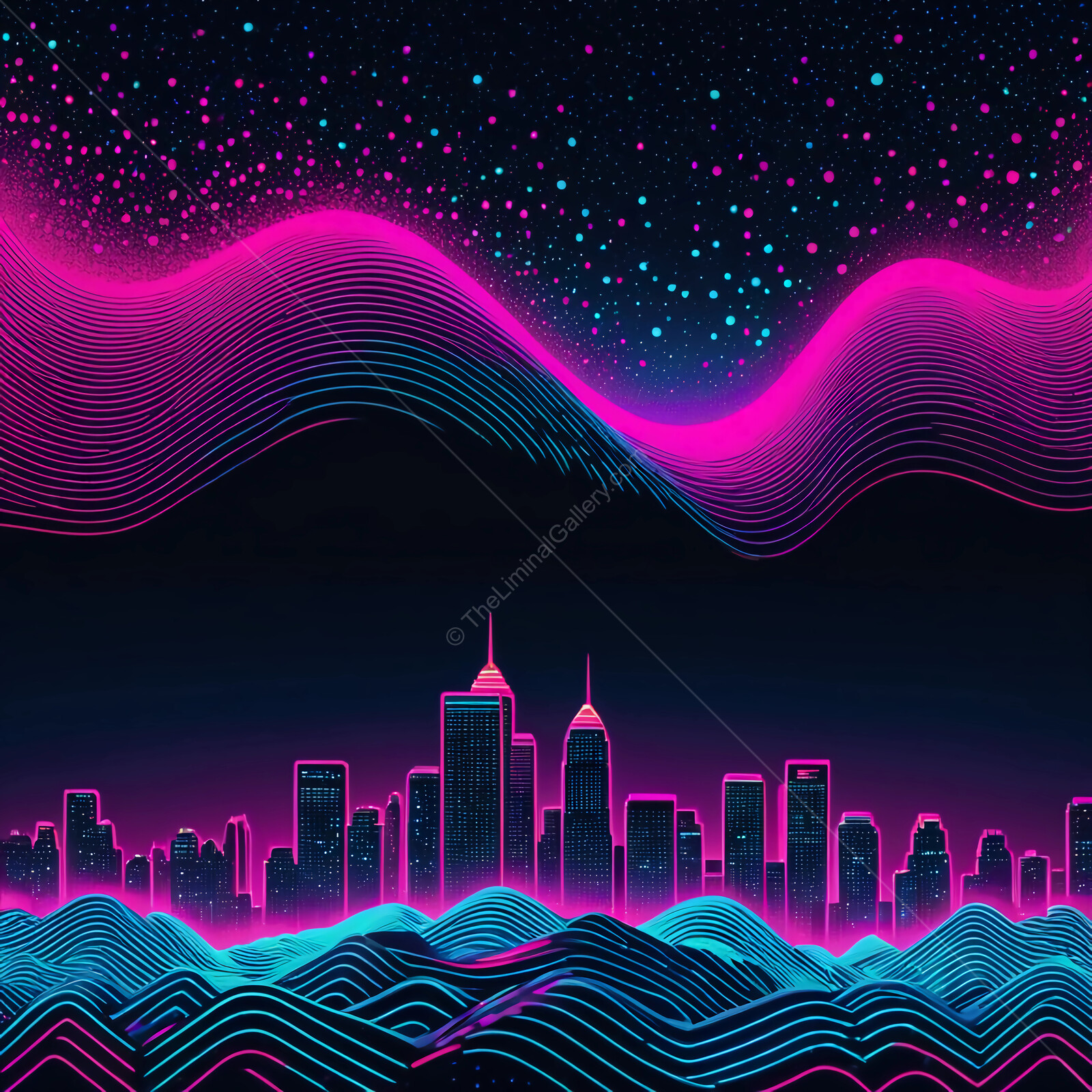 Vibrant synthwave city skyline illuminated by neon waves under a starry night sky