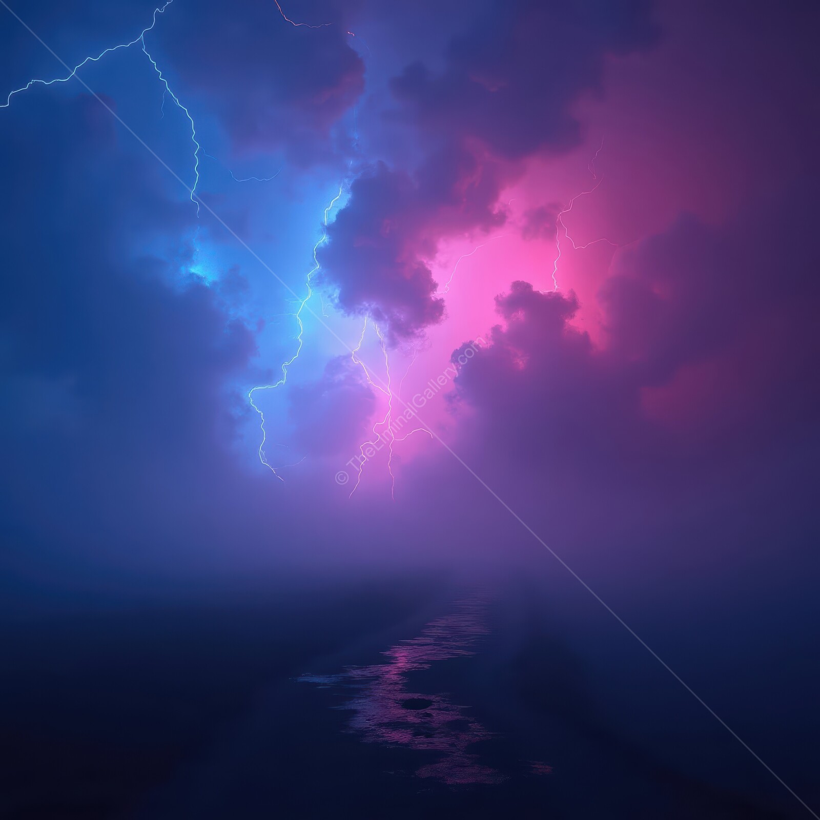Thunderous clouds illuminate a mysterious night sky over a tranquil sea
