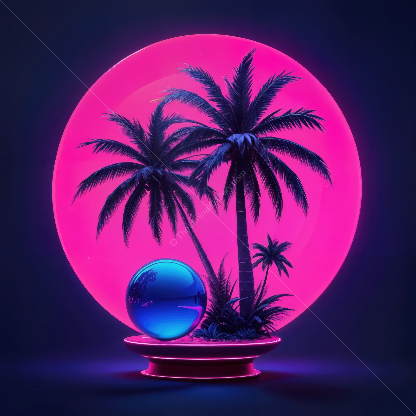 Vibrant tropical scene with palm trees and a glowing orb at night in neon hues