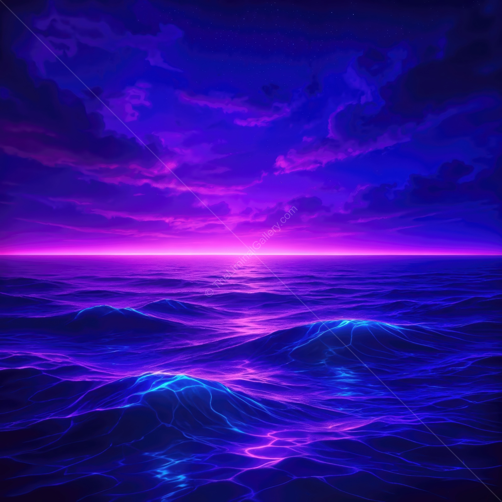 Majestic twilight over the serene ocean waves with a vibrant purple horizon and soft, flowing clouds