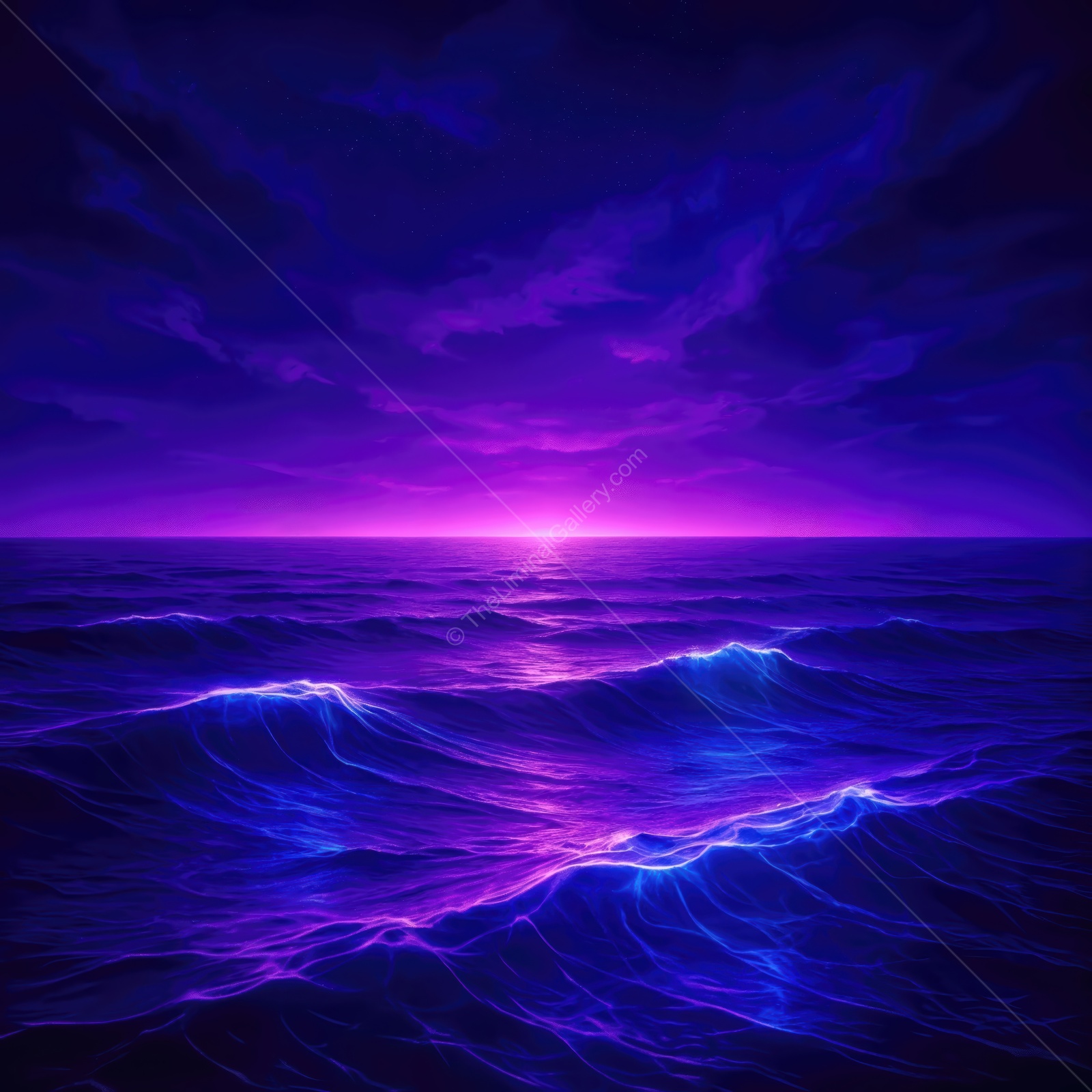Vibrant twilight over the ocean with flowing waves illuminated by mystical hues