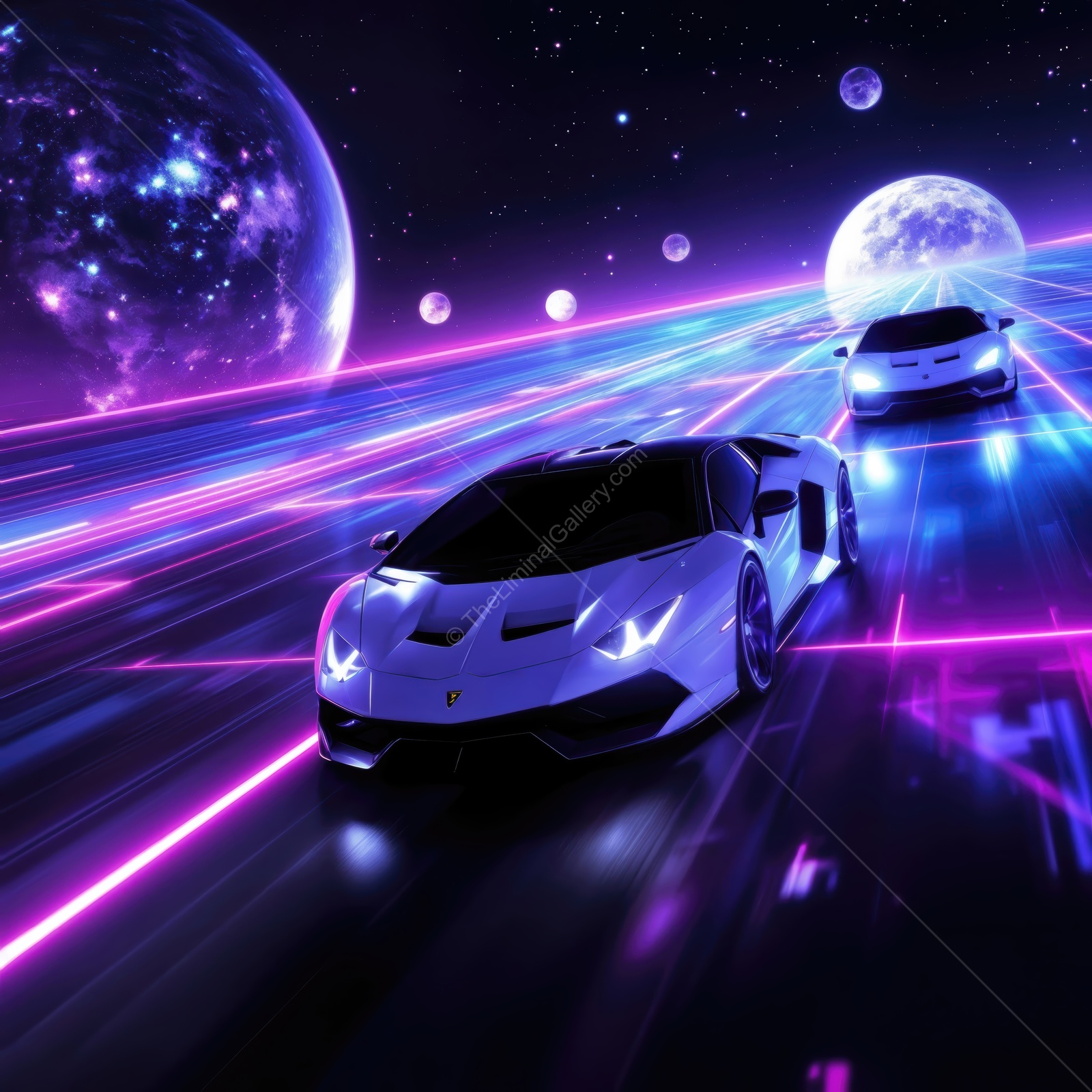 Fast cars racing through a vibrant cosmic landscape under shimmering stars and glowing planets