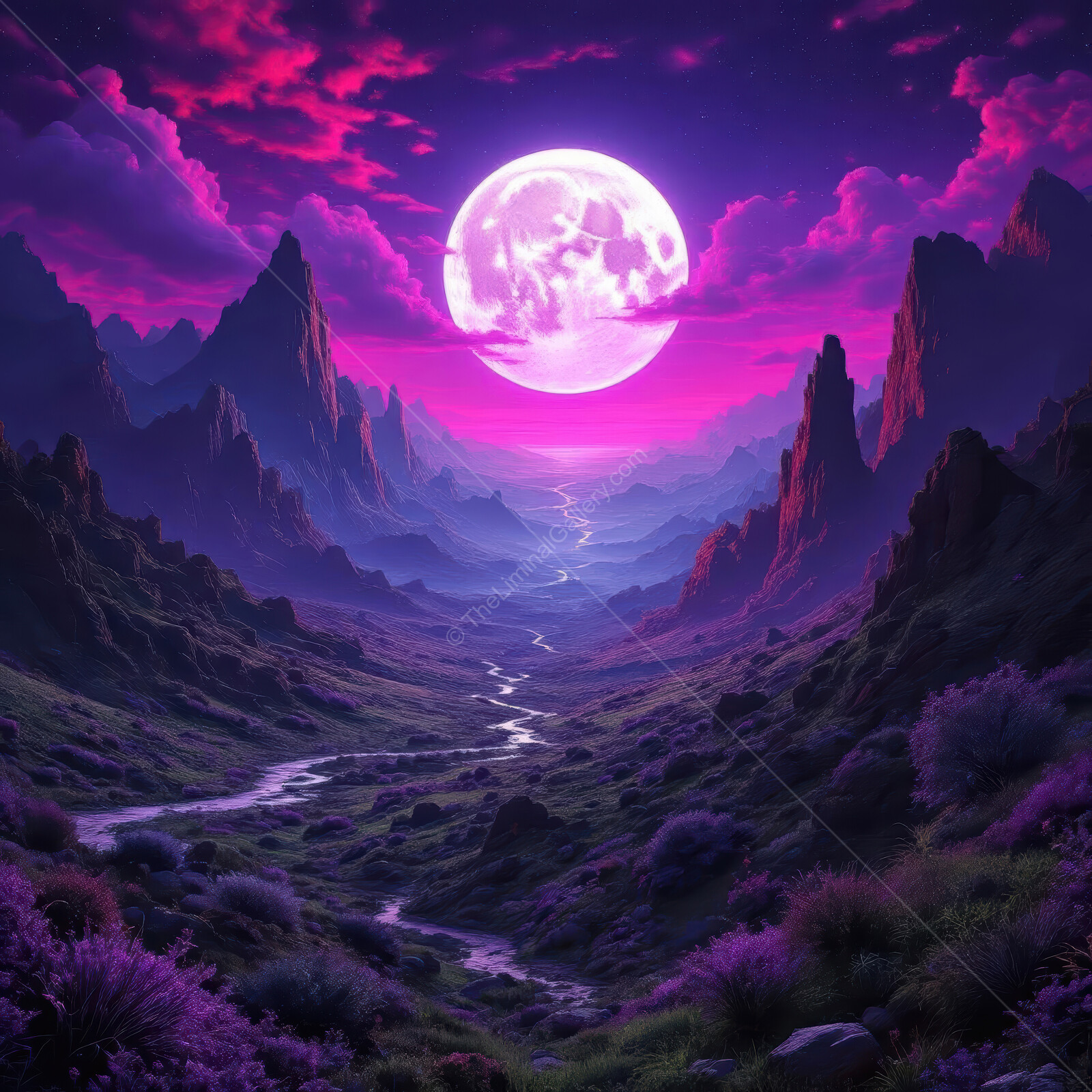 Majestic moonrise illuminates a vibrant valley under sweeping purple skies