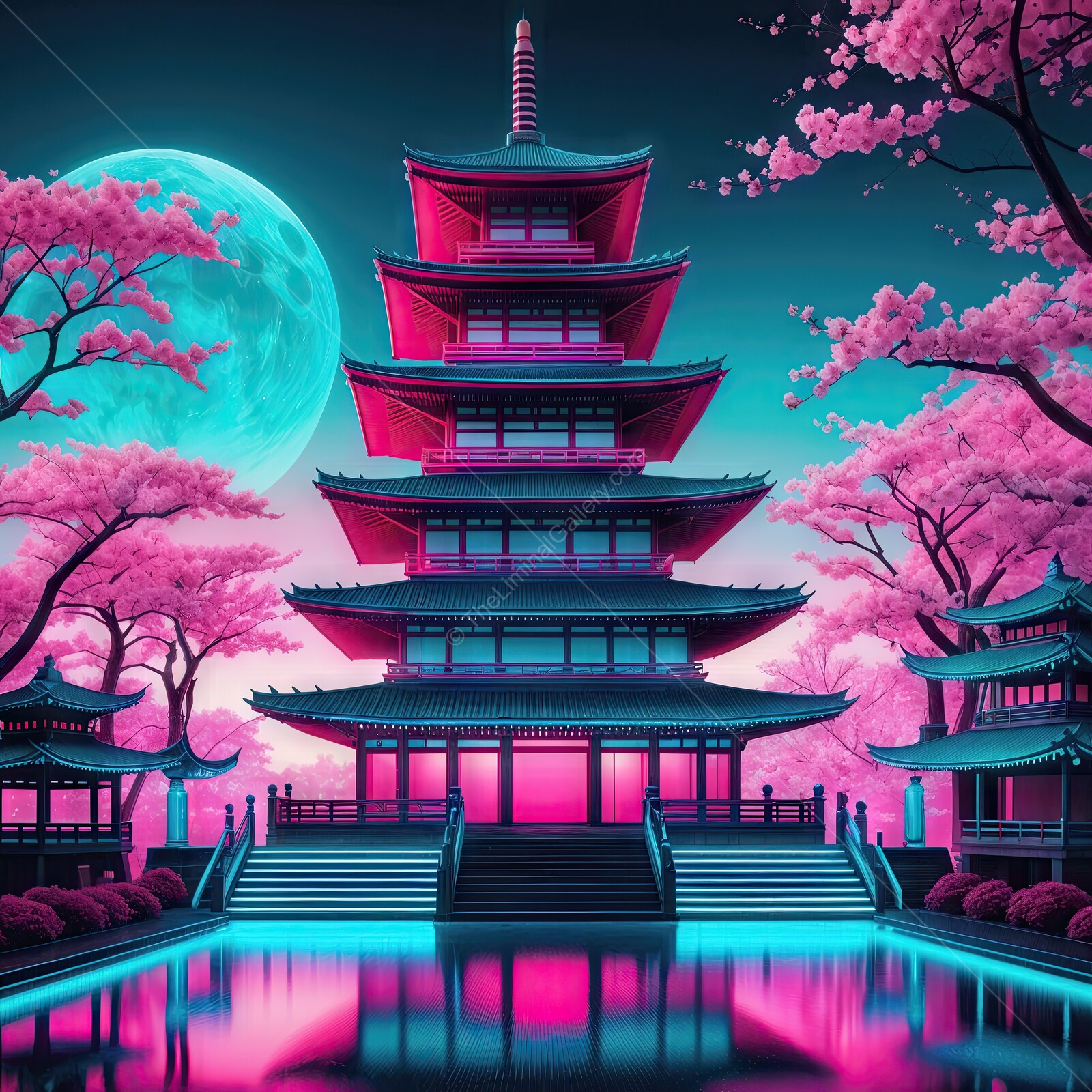 Vibrant cherry blossoms frame an enchanting pagoda under a luminous moonlit sky at dusk