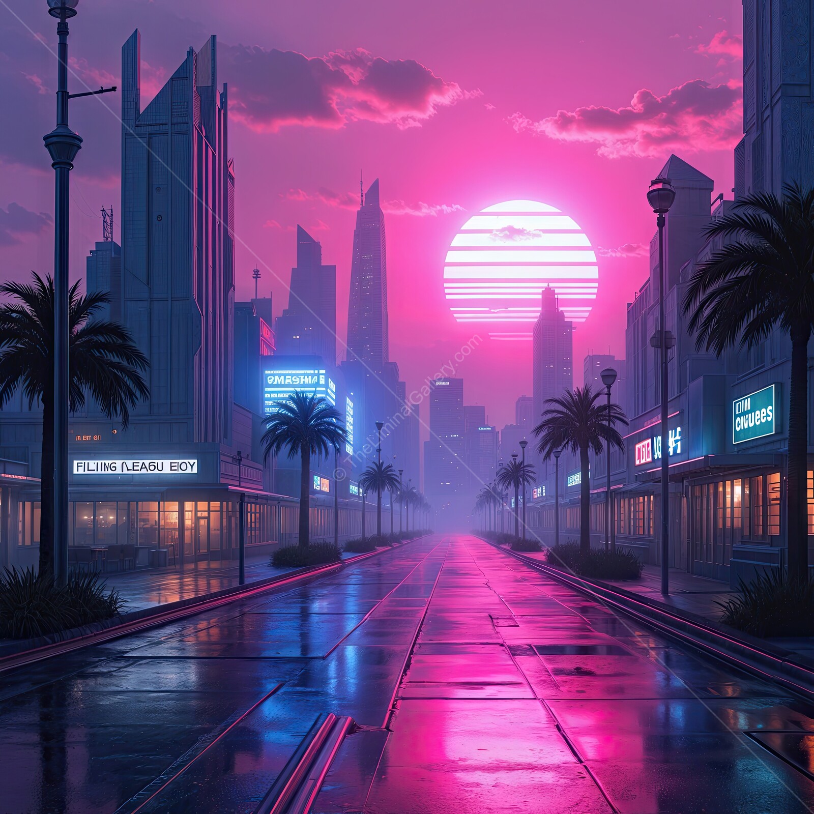 Vibrant city street reflecting neon lights under a stunning pink sunset in a futuristic urban setting