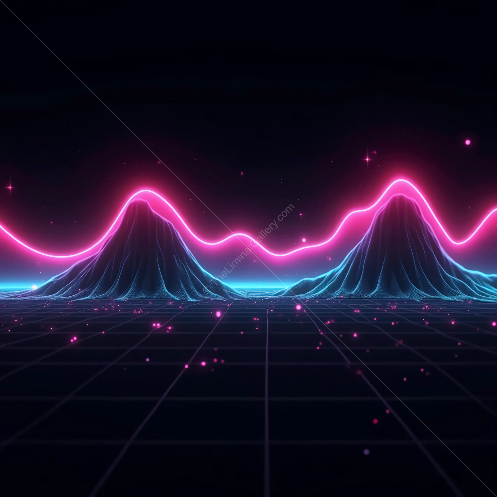 Vibrant digital landscape with glowing peaks and a cosmic atmosphere at night
