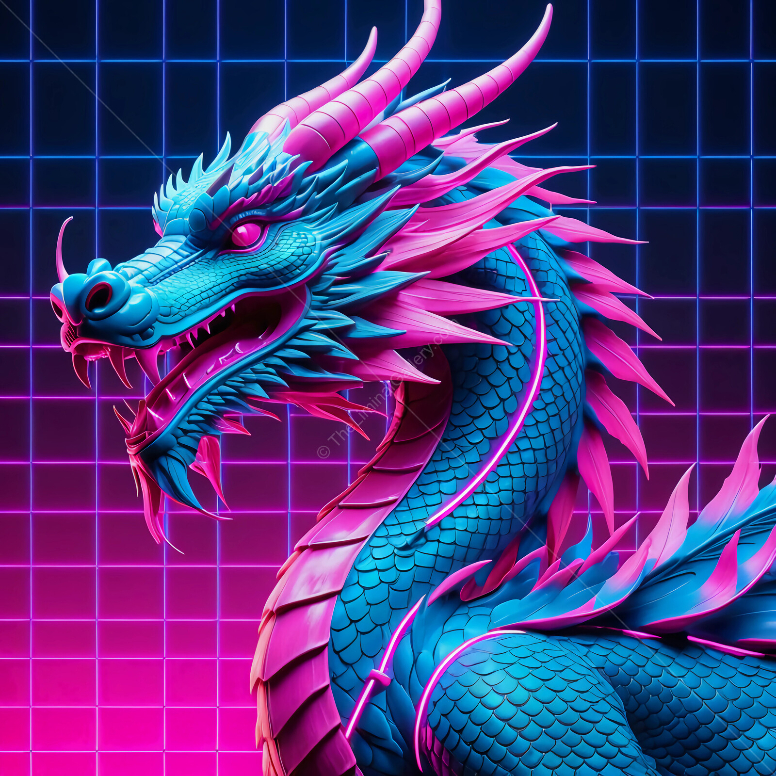 Vibrant dragon in neon hues with intricate scales set against a glowing grid background