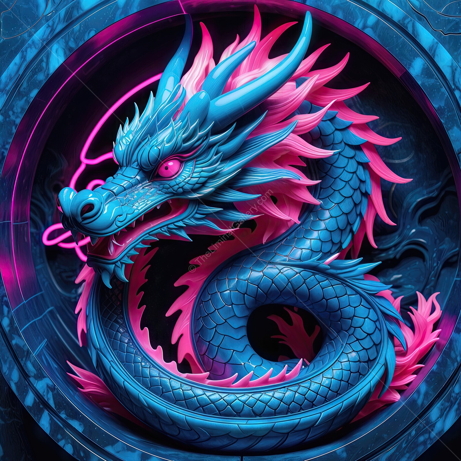 Vibrant blue and pink dragon sculpture exuding energy and mystique in contemporary artistry