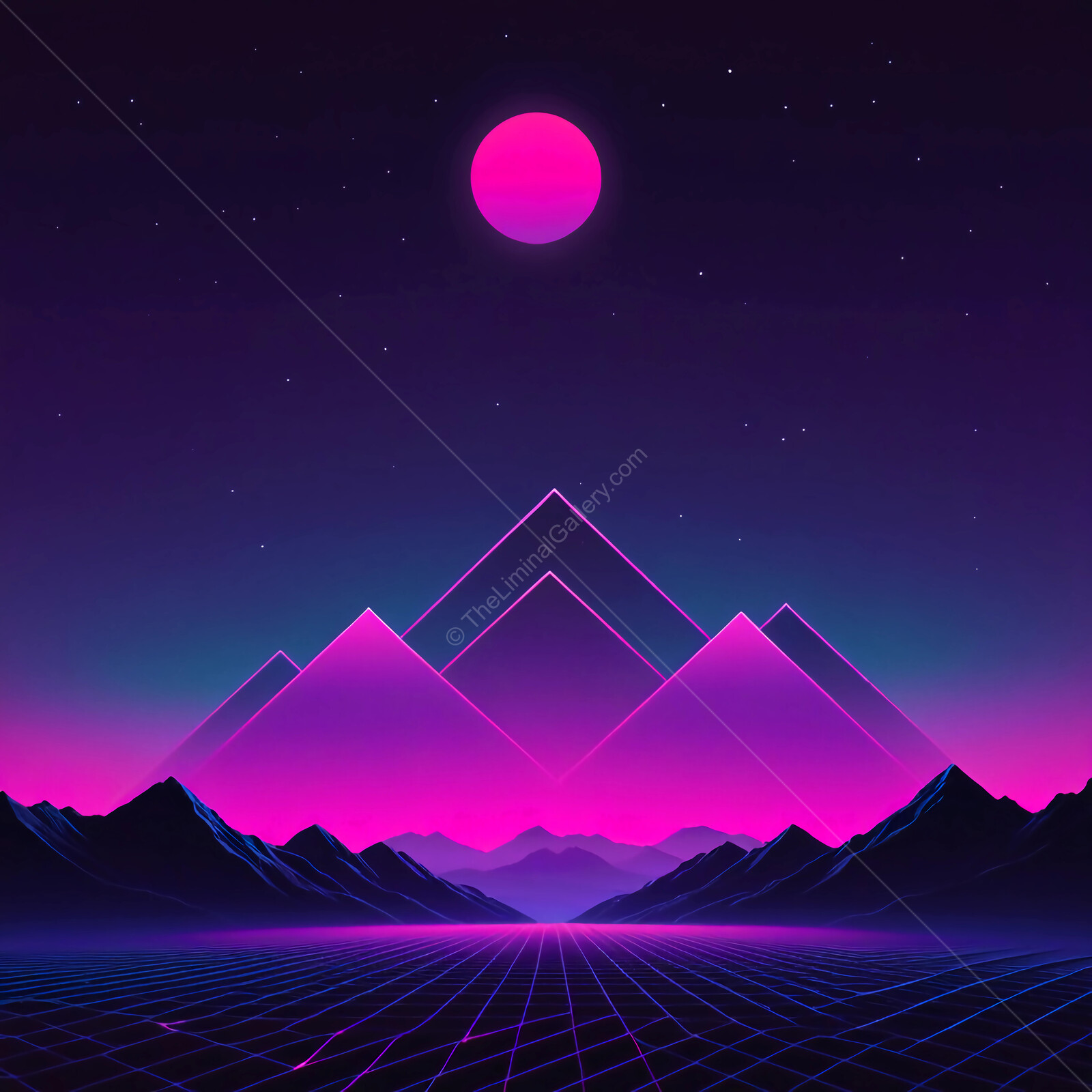Vibrant synthwave futuristic landscape under a glowing pink moon and geometric mountains at twilight