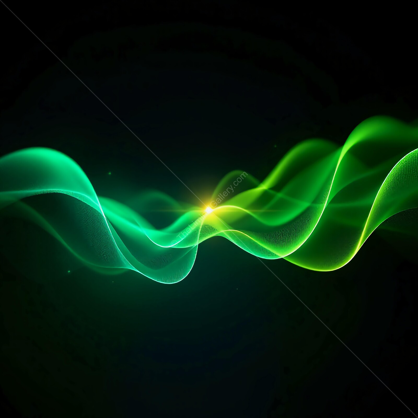 Vibrant green waves create an enchanting atmosphere of motion and energy in dark surroundings