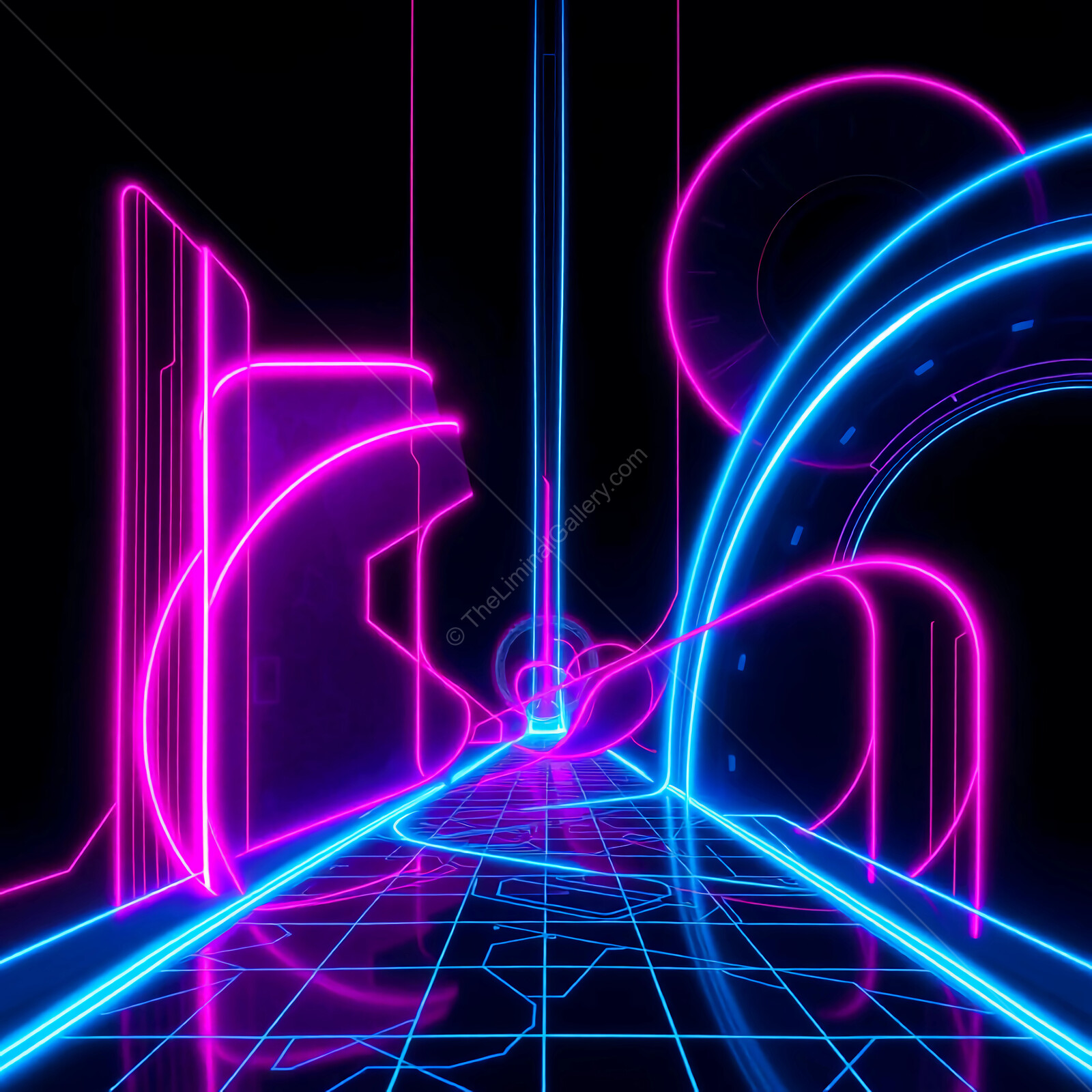 Vibrant neon cityscape in futuristic digital realm with endless glowing pathways