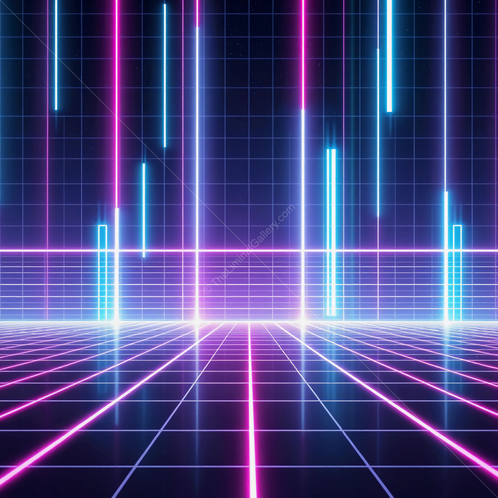 Vibrant synthwave neon grid landscape with futuristic lighting in a digital dreamscape at night