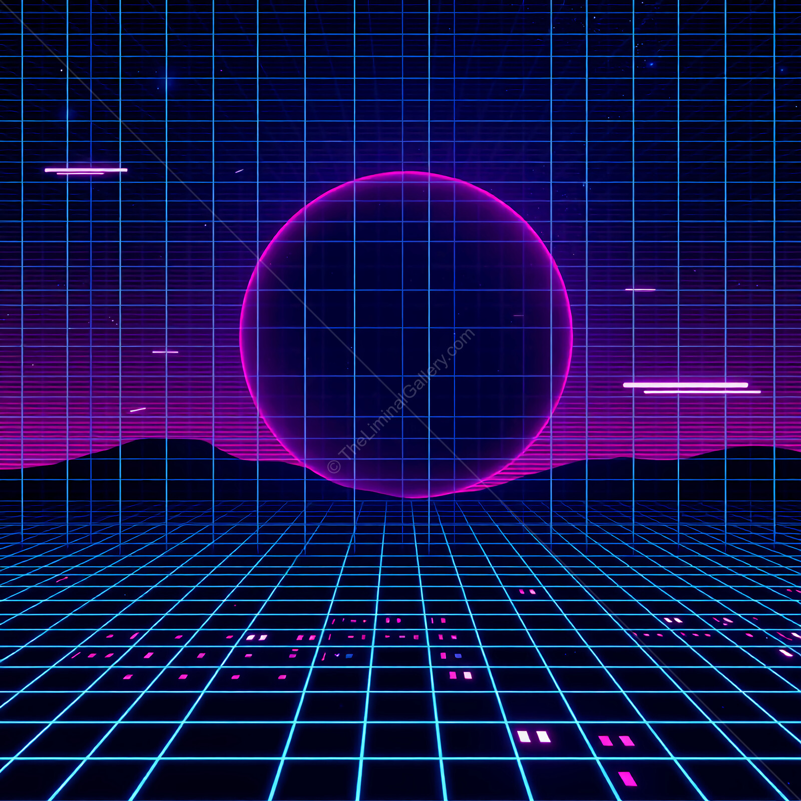 Vibrant neon synthwave landscape with glowing grid and cosmic sphere at twilight