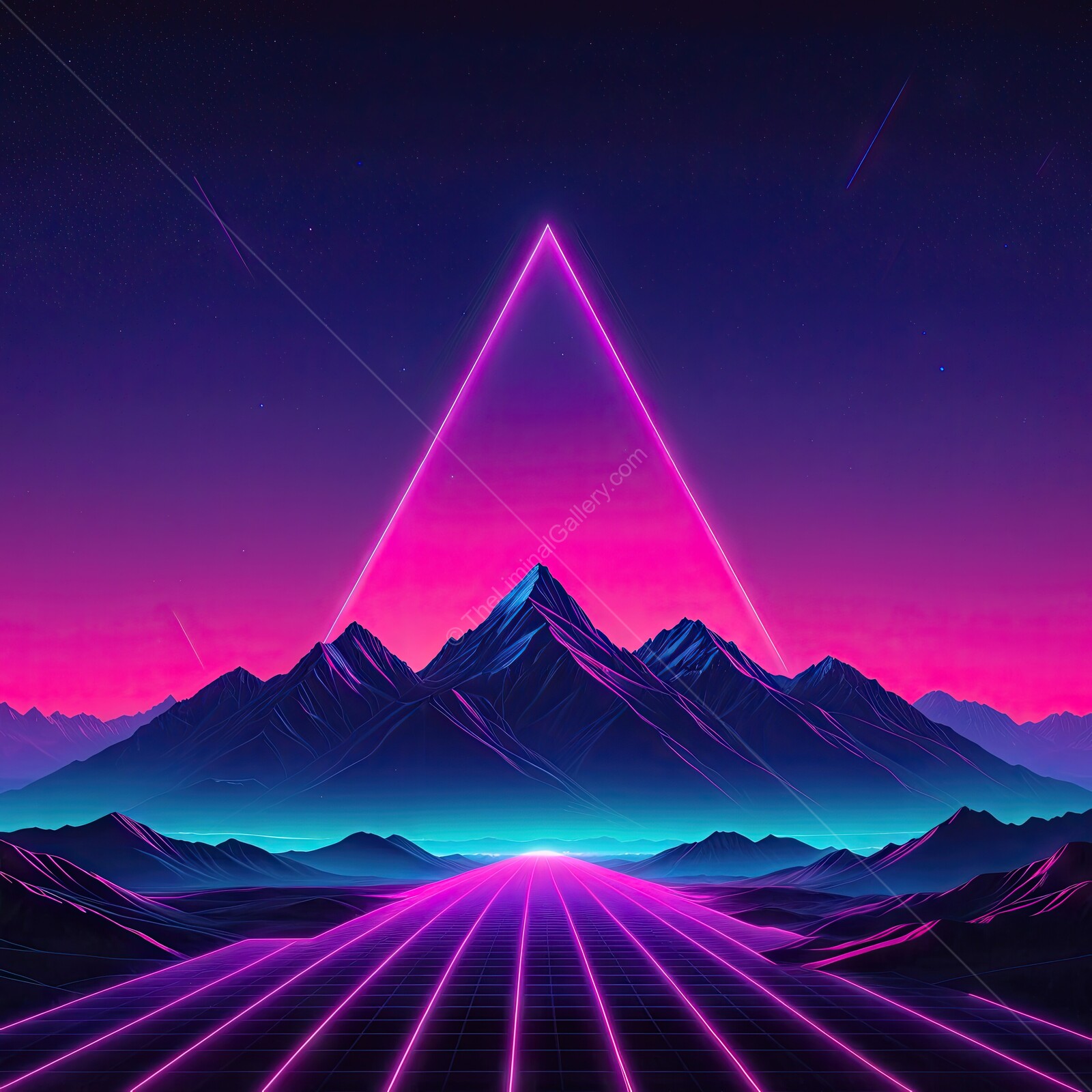 Vibrant synthwave neon mountains under a cosmic sky create a surreal retro-futuristic landscape at twilight