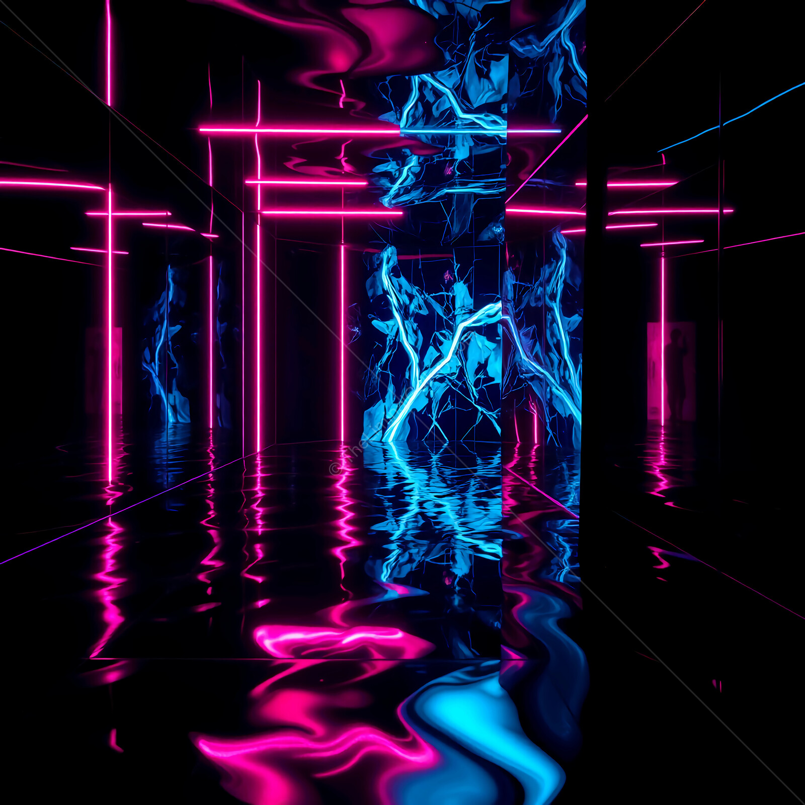 Vibrant neon reflections in a futuristic corridor illuminated by synthwave blue and pink lights