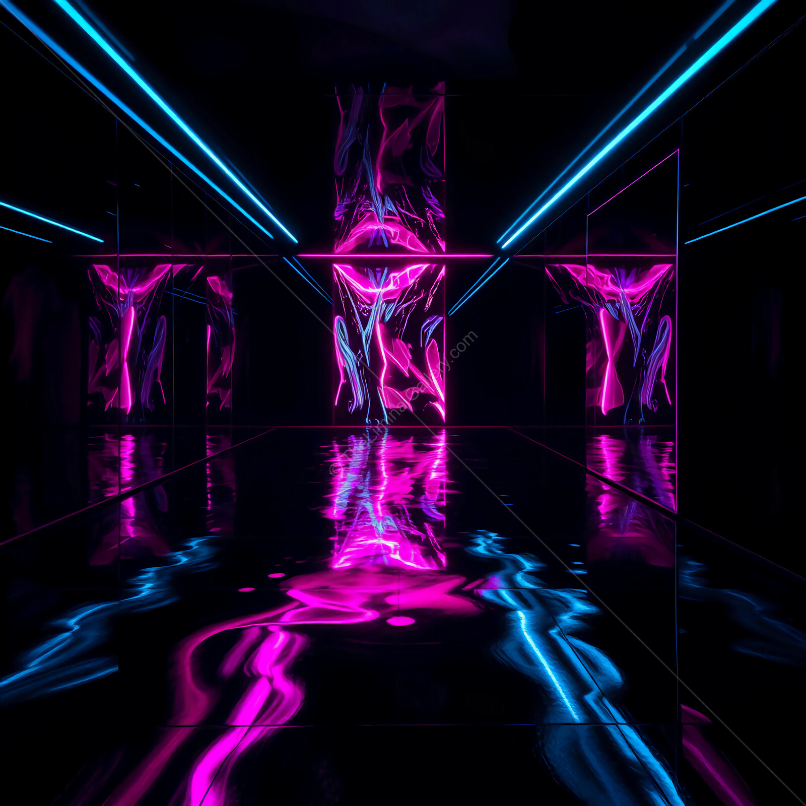 Vibrant neon reflections in a futuristic hallway with striking colors and an immersive atmosphere