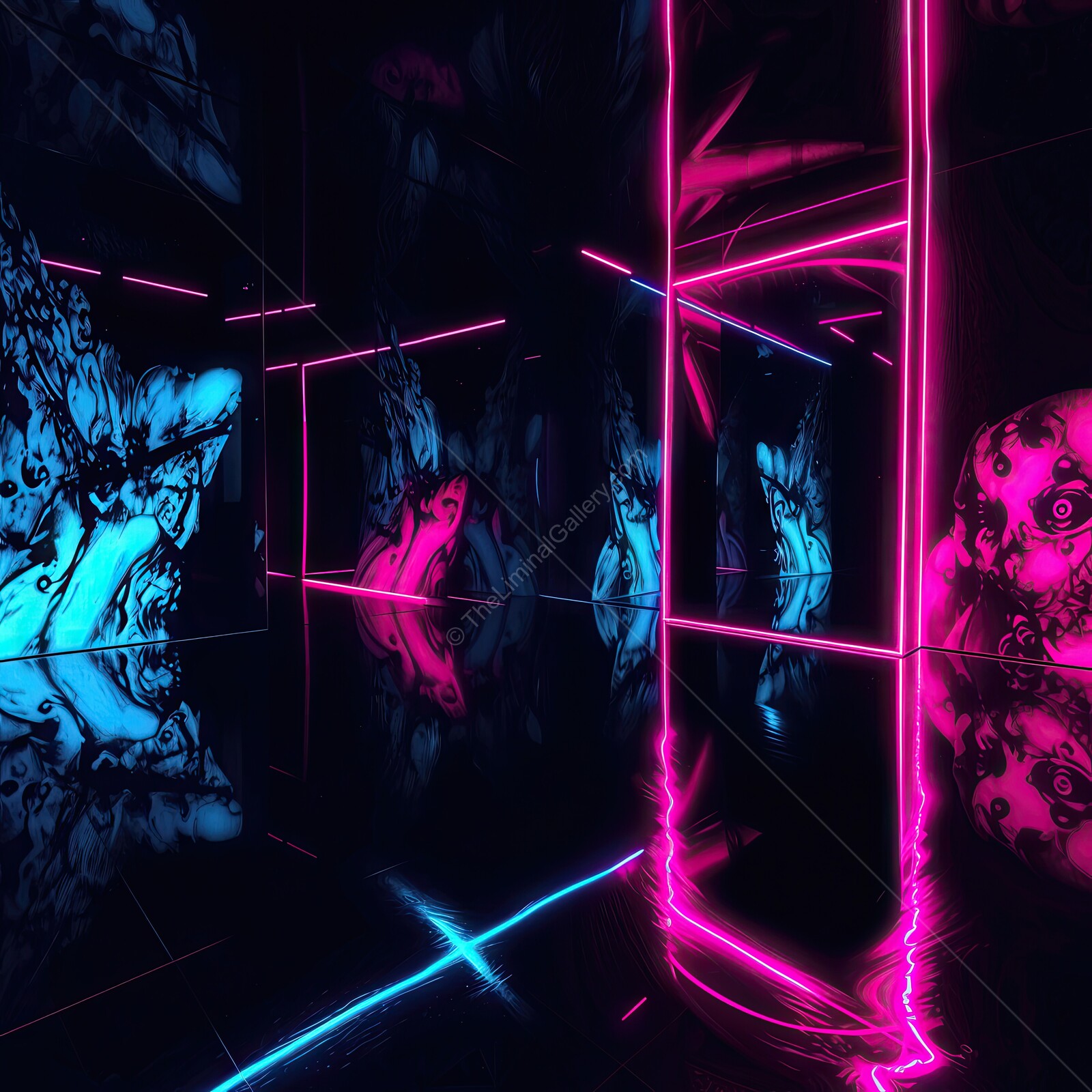 Vibrant neon tunnel with pulsating colors offers a synthwave digital experience of reflection and depth