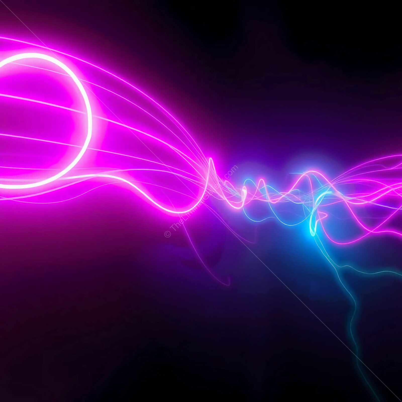 Vibrant 80s neon waves dance through a dark void, creating ethereal light patterns at night