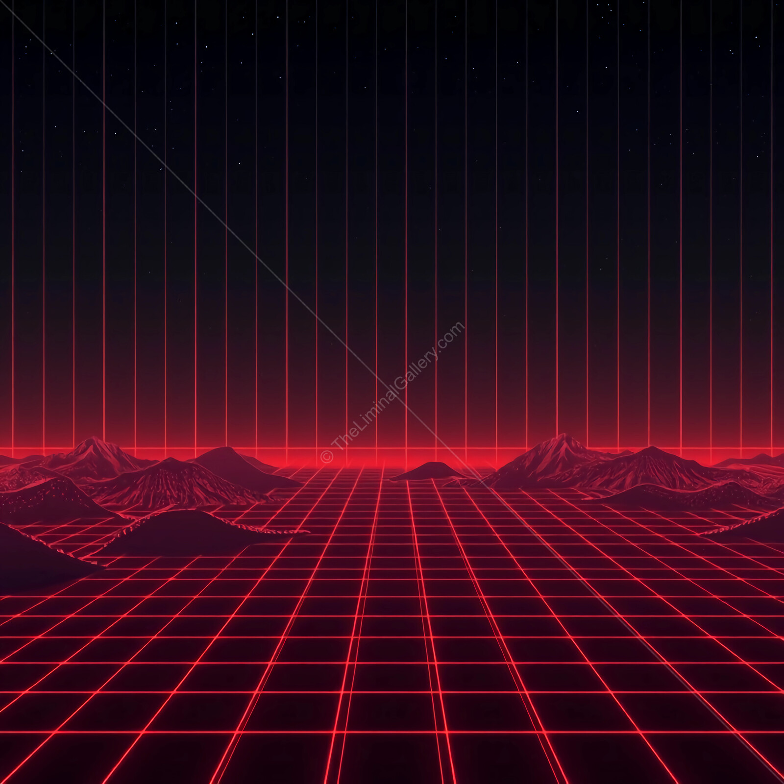 Vibrant retro-futuristic landscape featuring a grid horizon illuminated by neon red lights