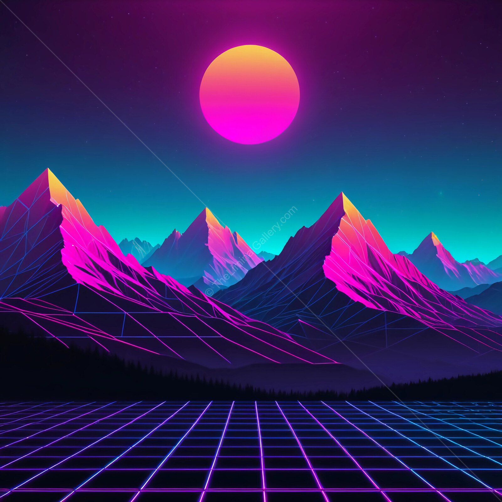 Vibrant retro synthwave landscape with neon mountains and a glowing sun at twilight