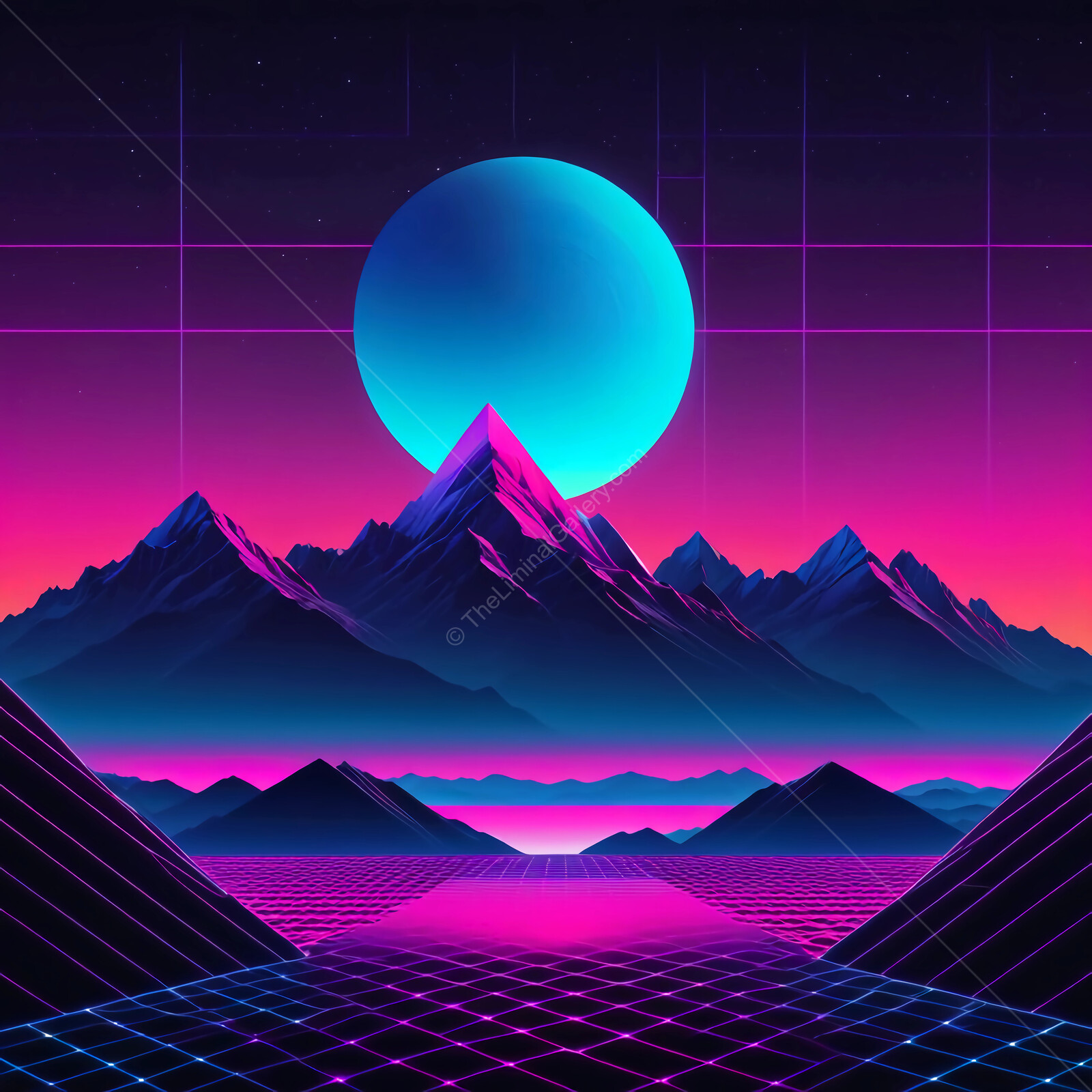 Vibrant sci-fi synthwave landscape with majestic mountains under a glowing teal moon at dusk