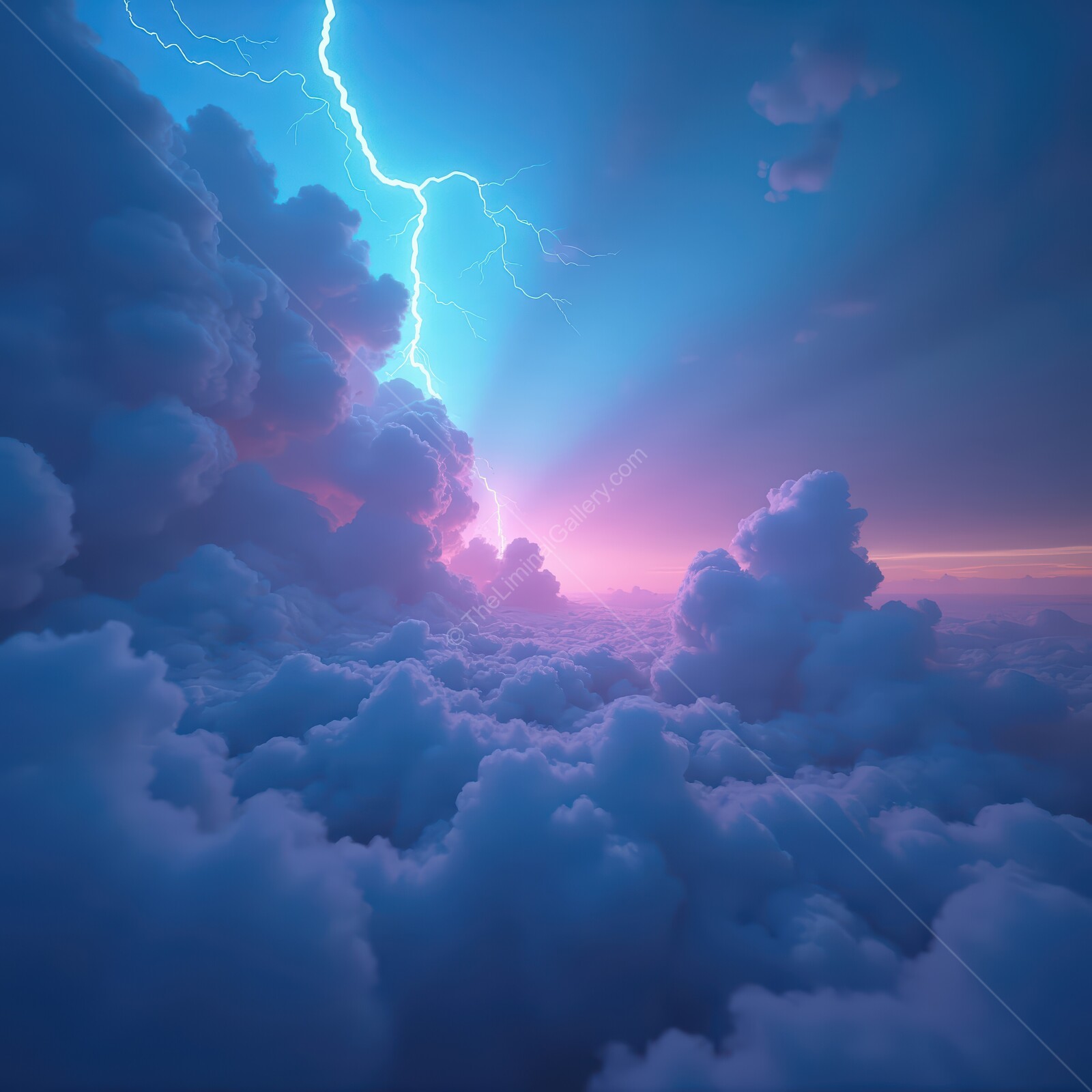 Majestic stormy skies illuminate the horizon with vibrant colors and powerful lightning above the clouds