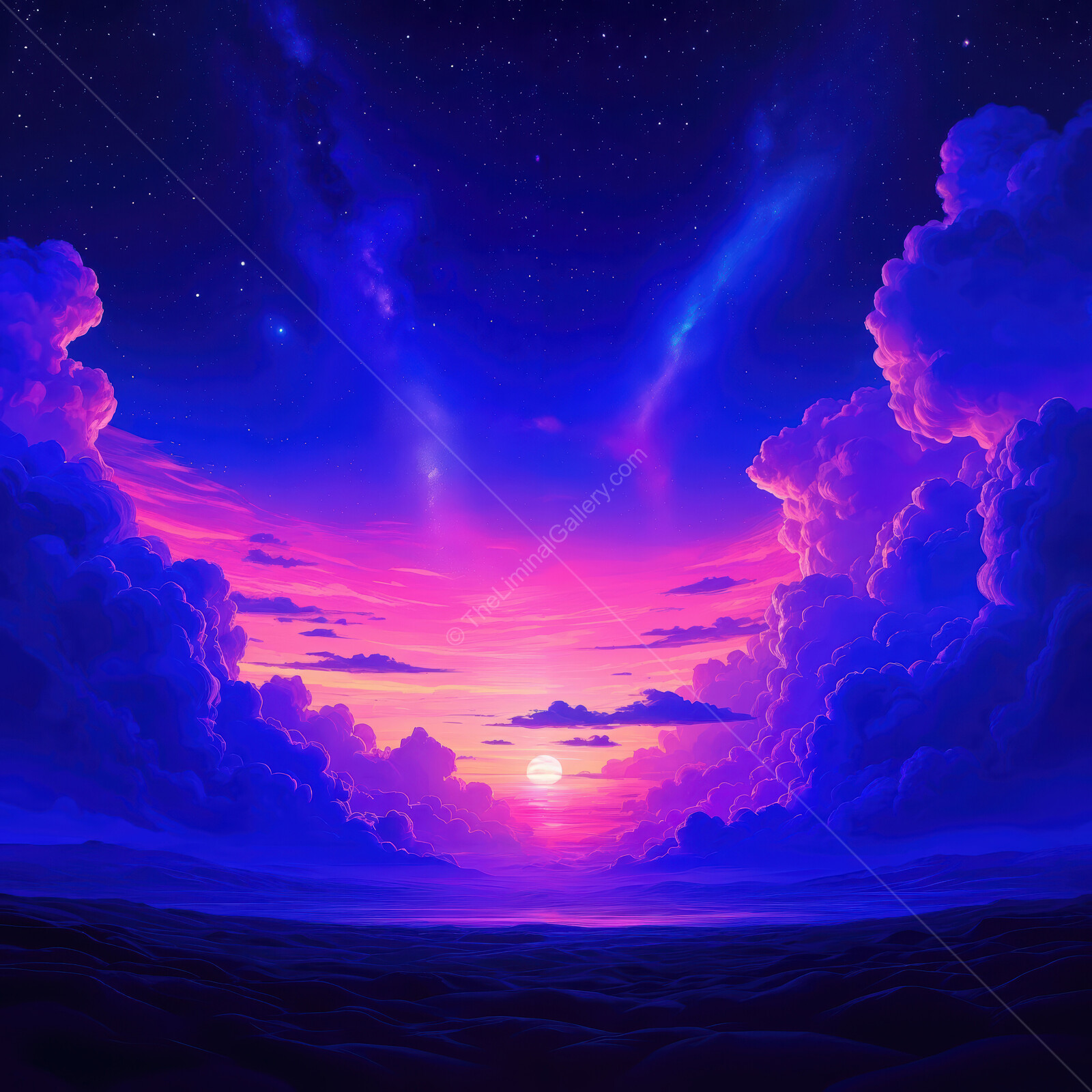 Breathtaking sunset over a serene landscape with vivid hues of purple and pink blending perfectly