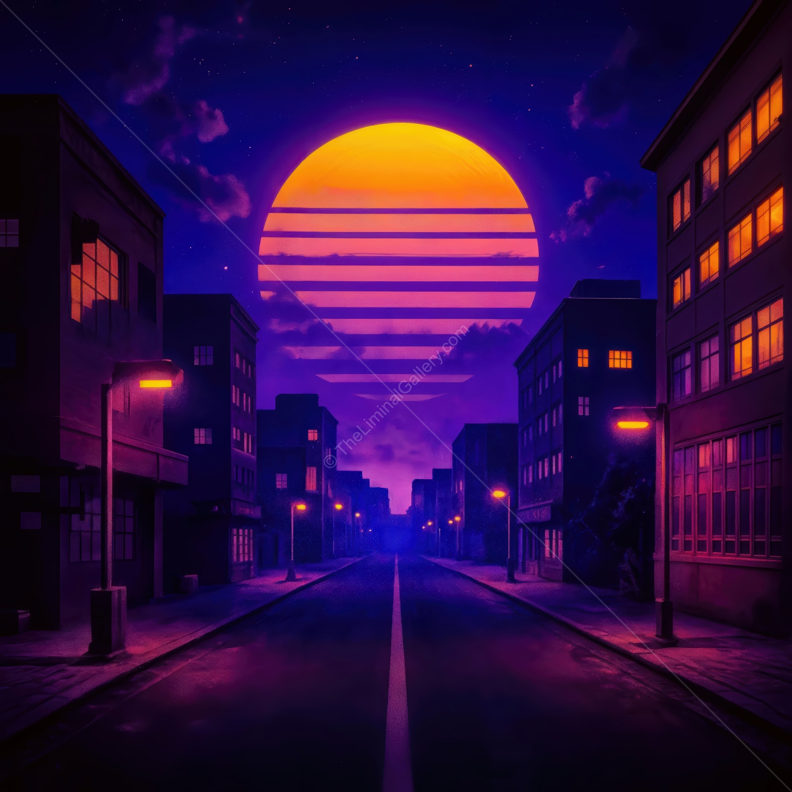 Vibrant sunset illuminates a quiet city street filled with colorful buildings in a surreal twilight scene