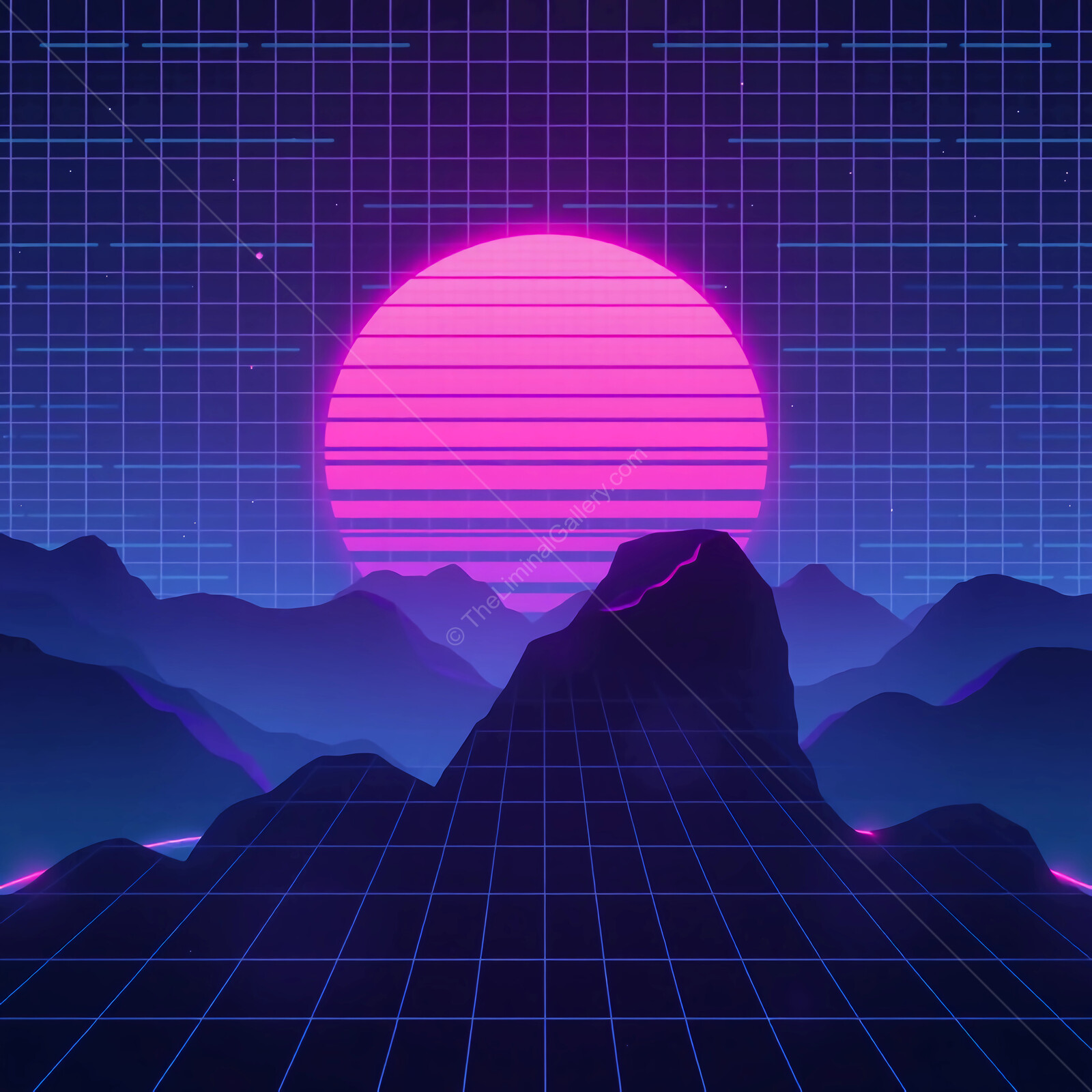 Vibrant synthwave sunset over retro mountains creates a dreamy neon landscape in an otherworldly atmosphere