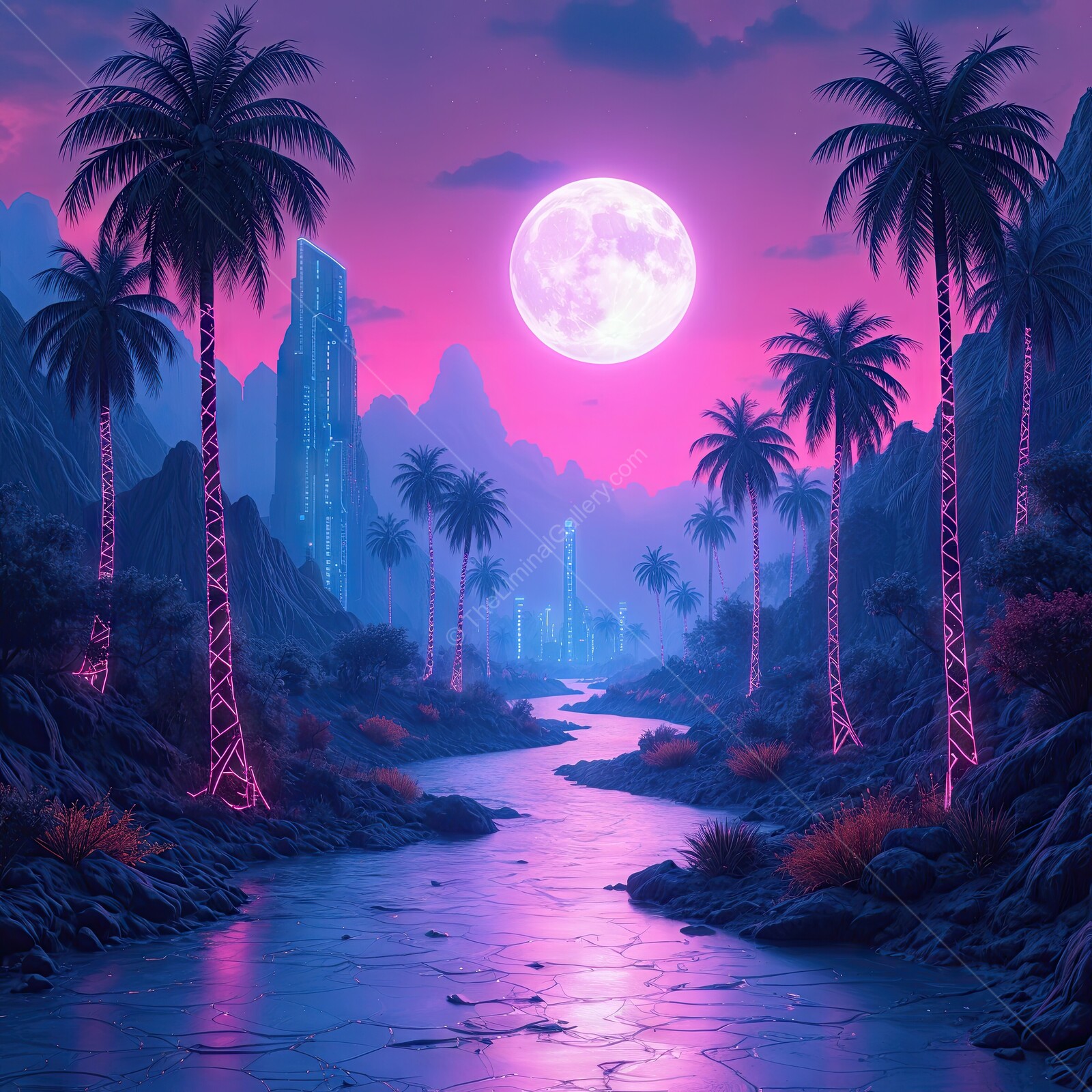 Vibrant twilight landscape with glowing palms under a luminous moon