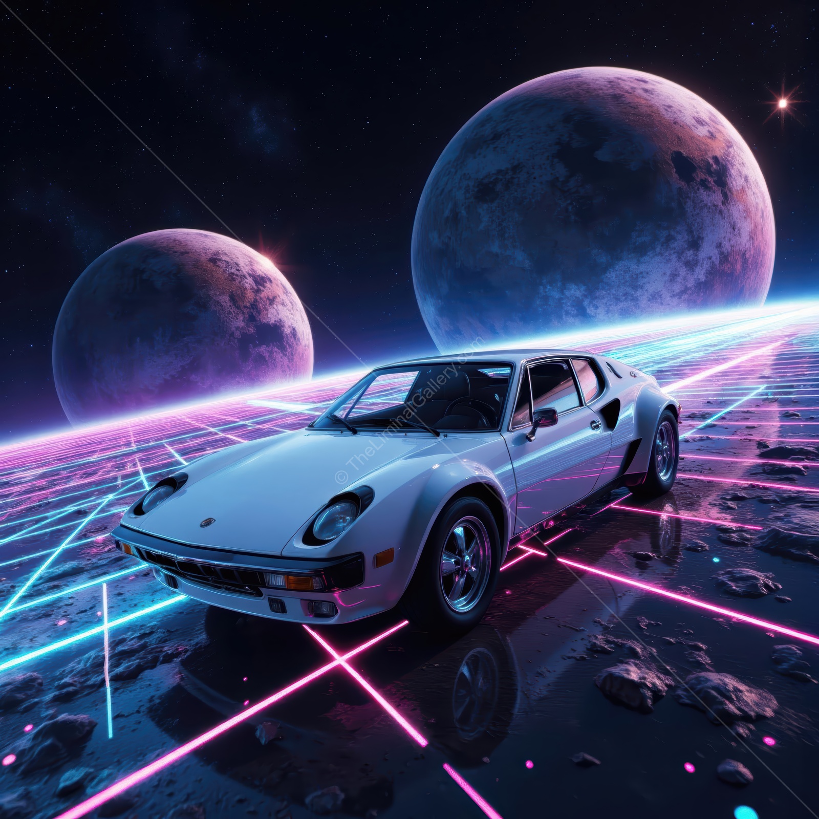 Futuristic racing car on a neon grid under two vibrant moons in a cosmic landscape at night