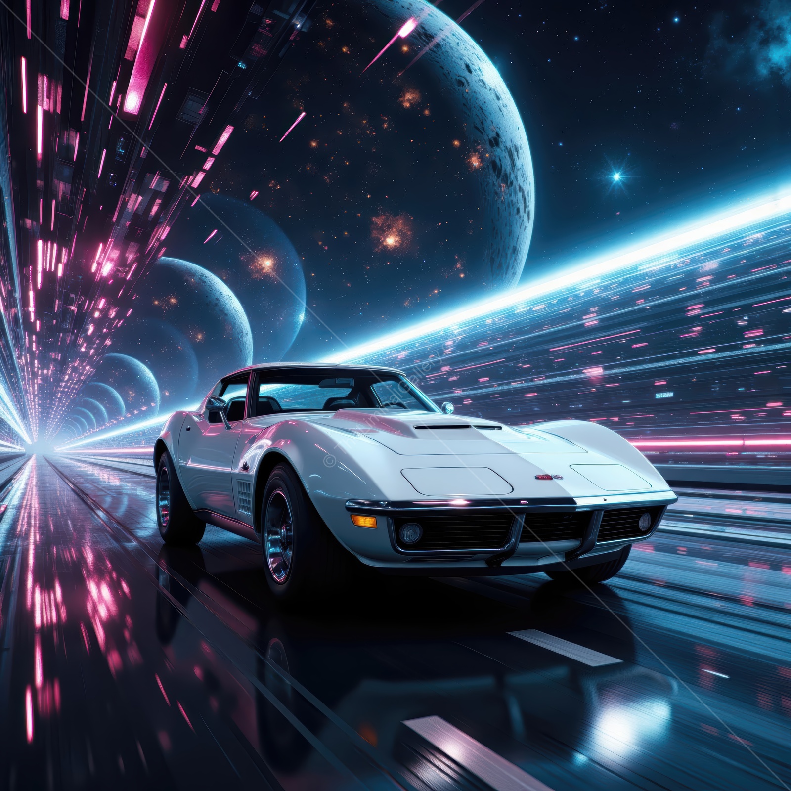 Vintage car racing through a futuristic space tunnel with vibrant neon lights