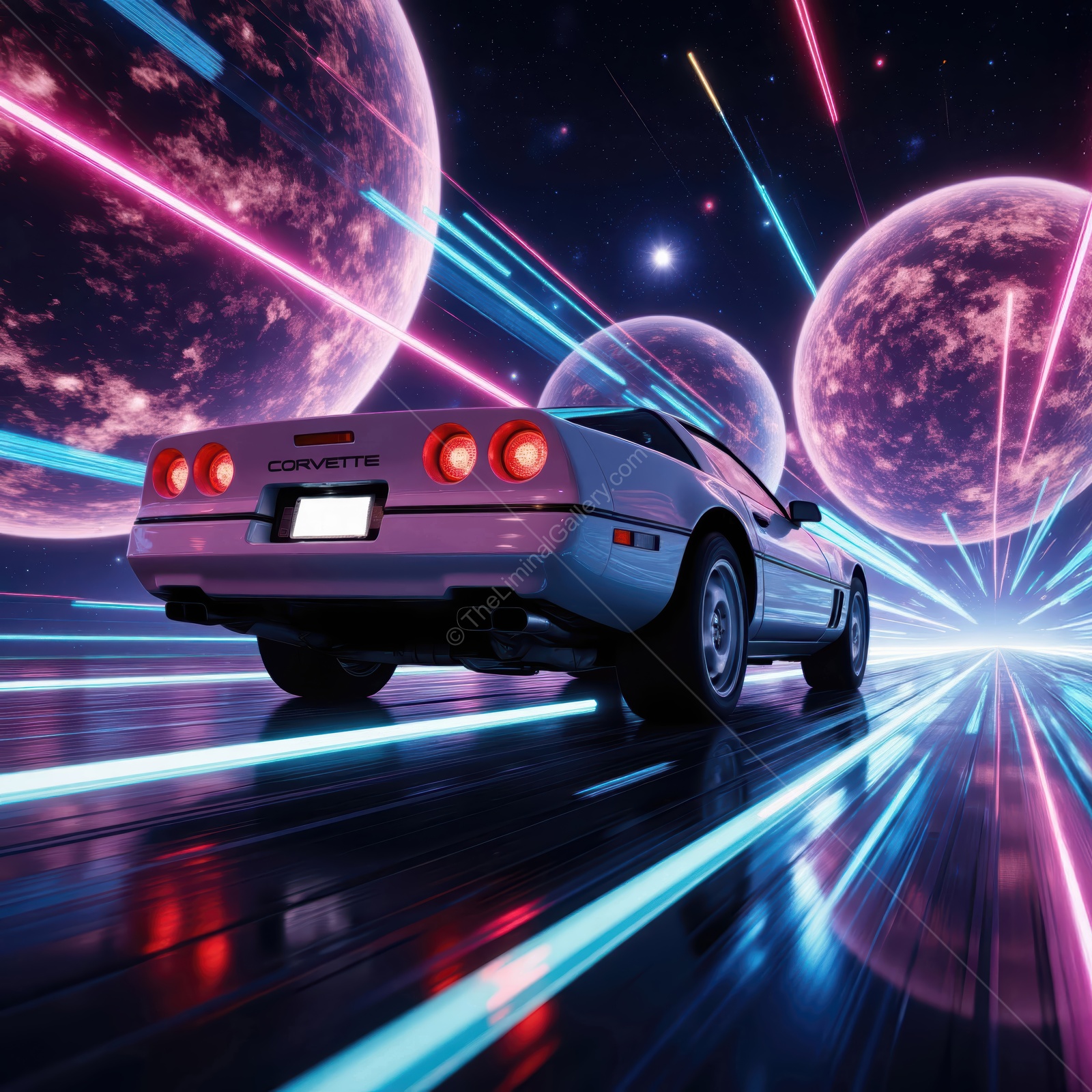 Journey through a cosmic highway in a vintage Corvette sports car under vibrant neon lights