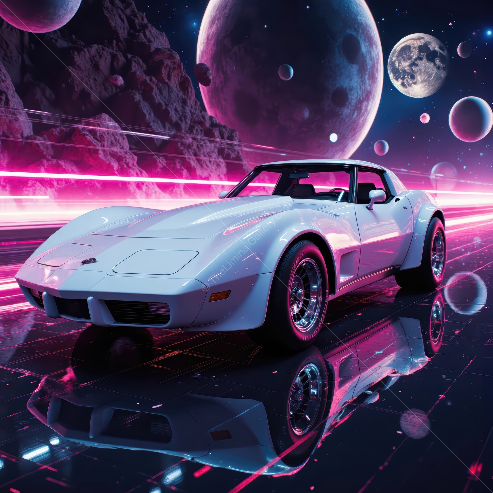 Vintage sports car cruising through a cosmic landscape filled with vibrant planets and neon lights at nighttime