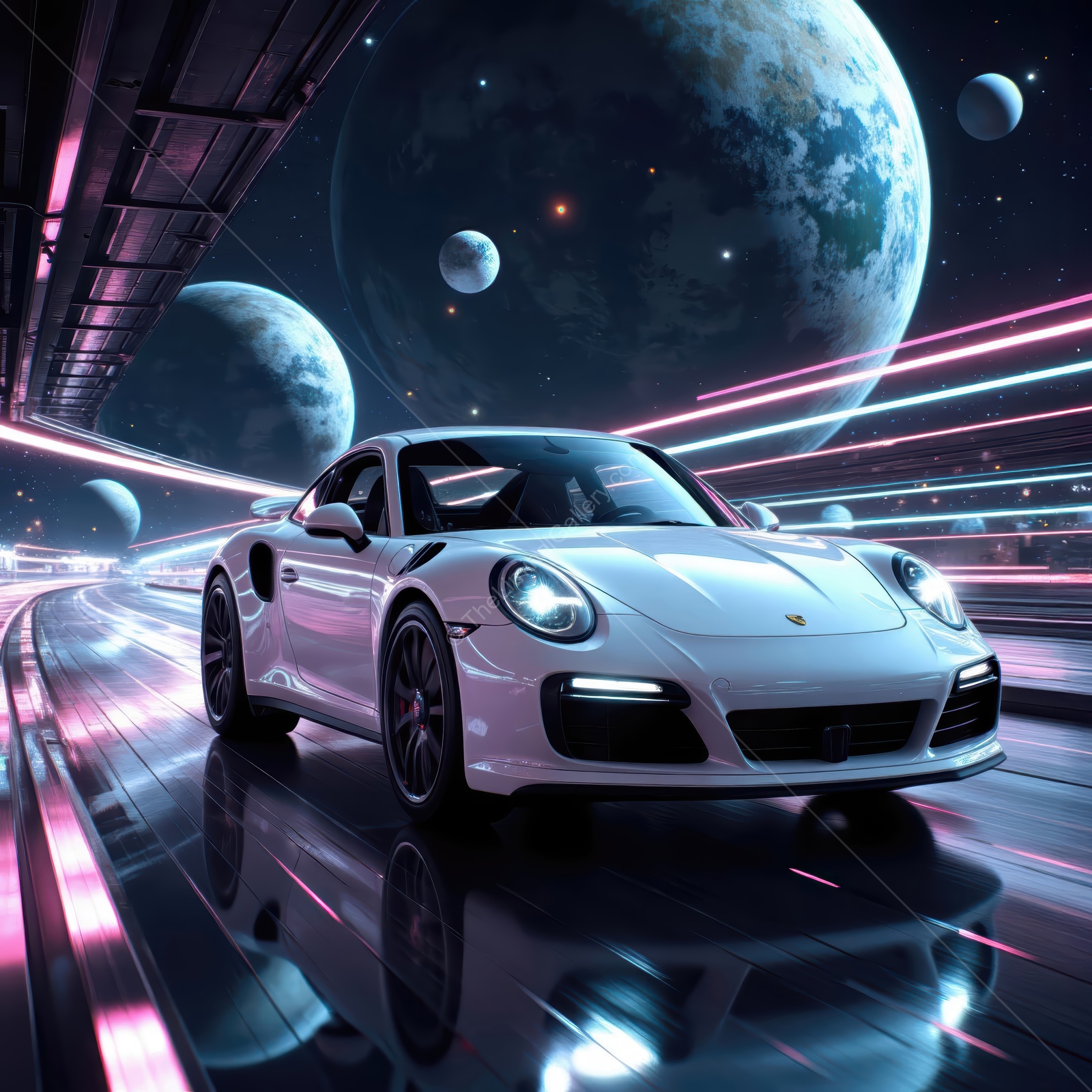 Sporty white car racing through a futuristic space landscape with vibrant colors and planets in the background