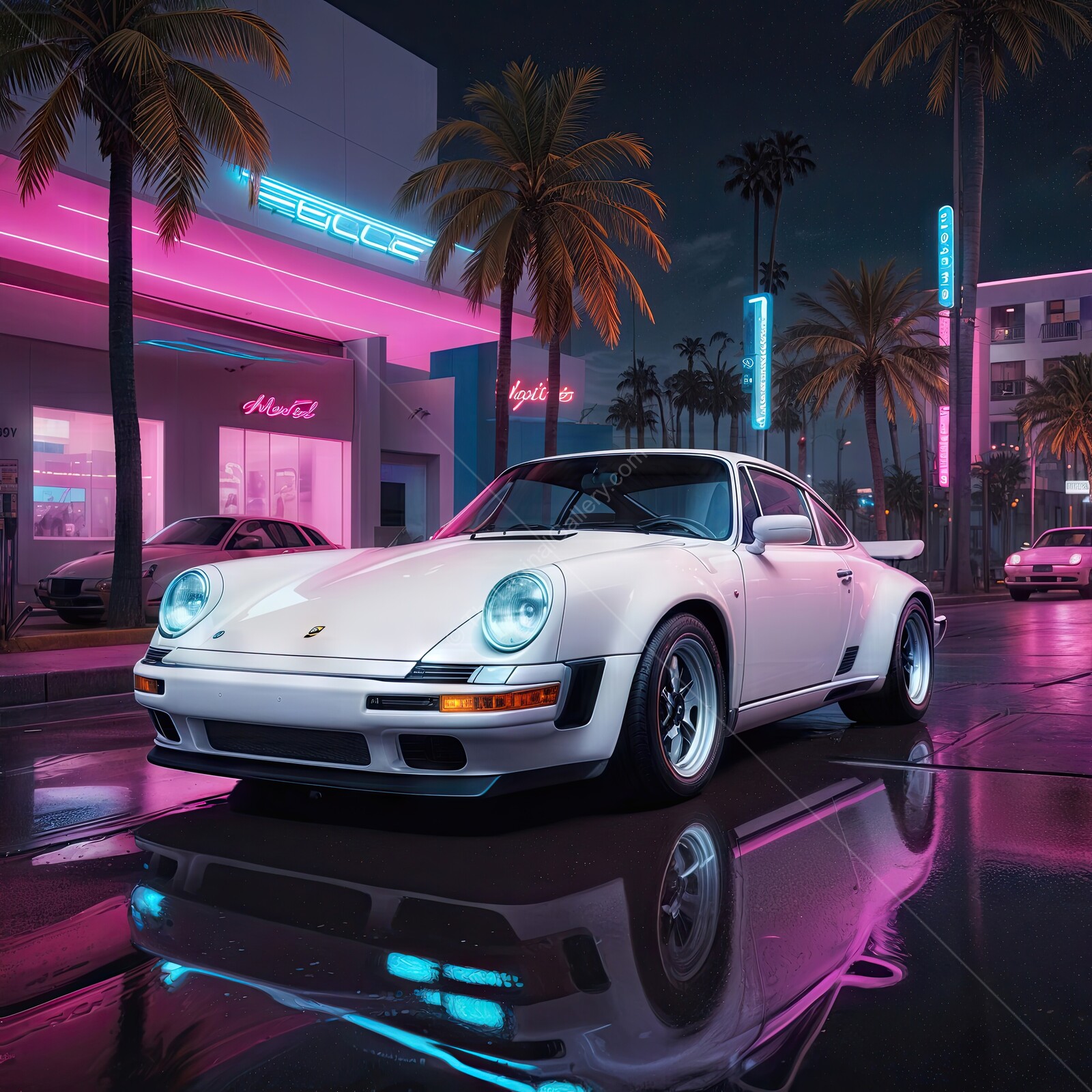 Classic synthwave 80s white Porsche shines under neon lights in vibrant city at night