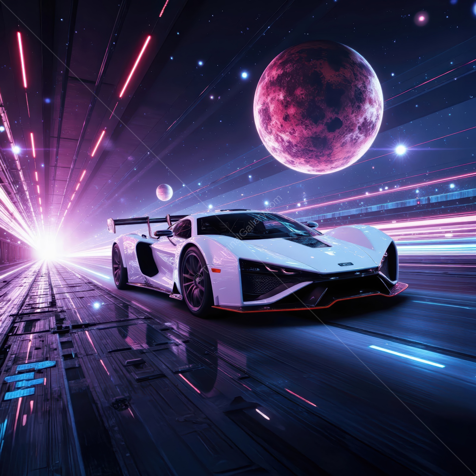Futuristic racing scene with a sleek white sports car amidst cosmic elements and vibrant light trails