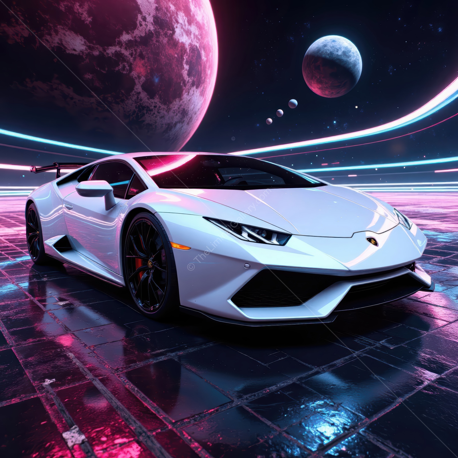 Futuristic white sports car under glowing cosmic sky with vibrant neon lights at night