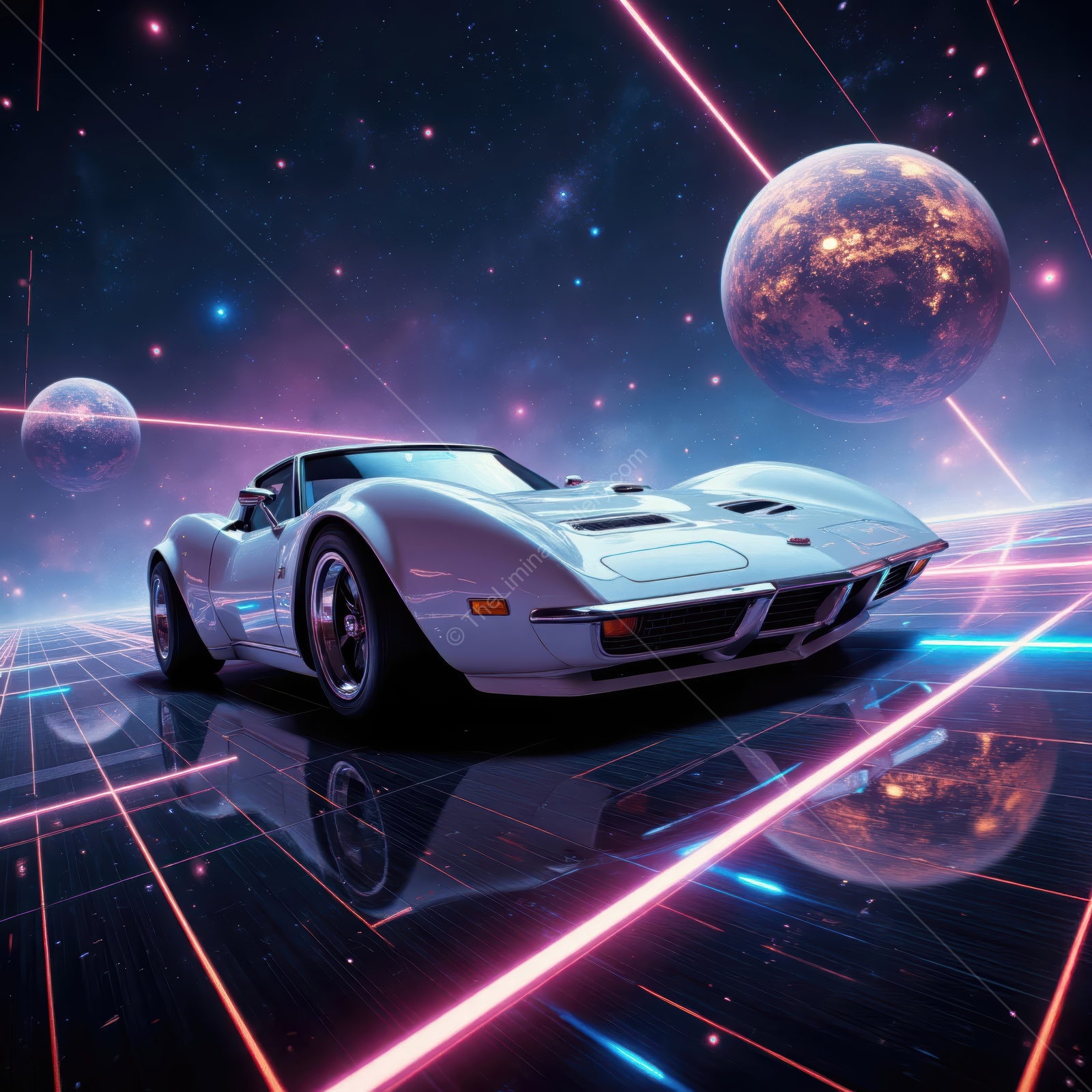 Futuristic white sports car cruising through a vibrant cosmic landscape with planets and neon lights