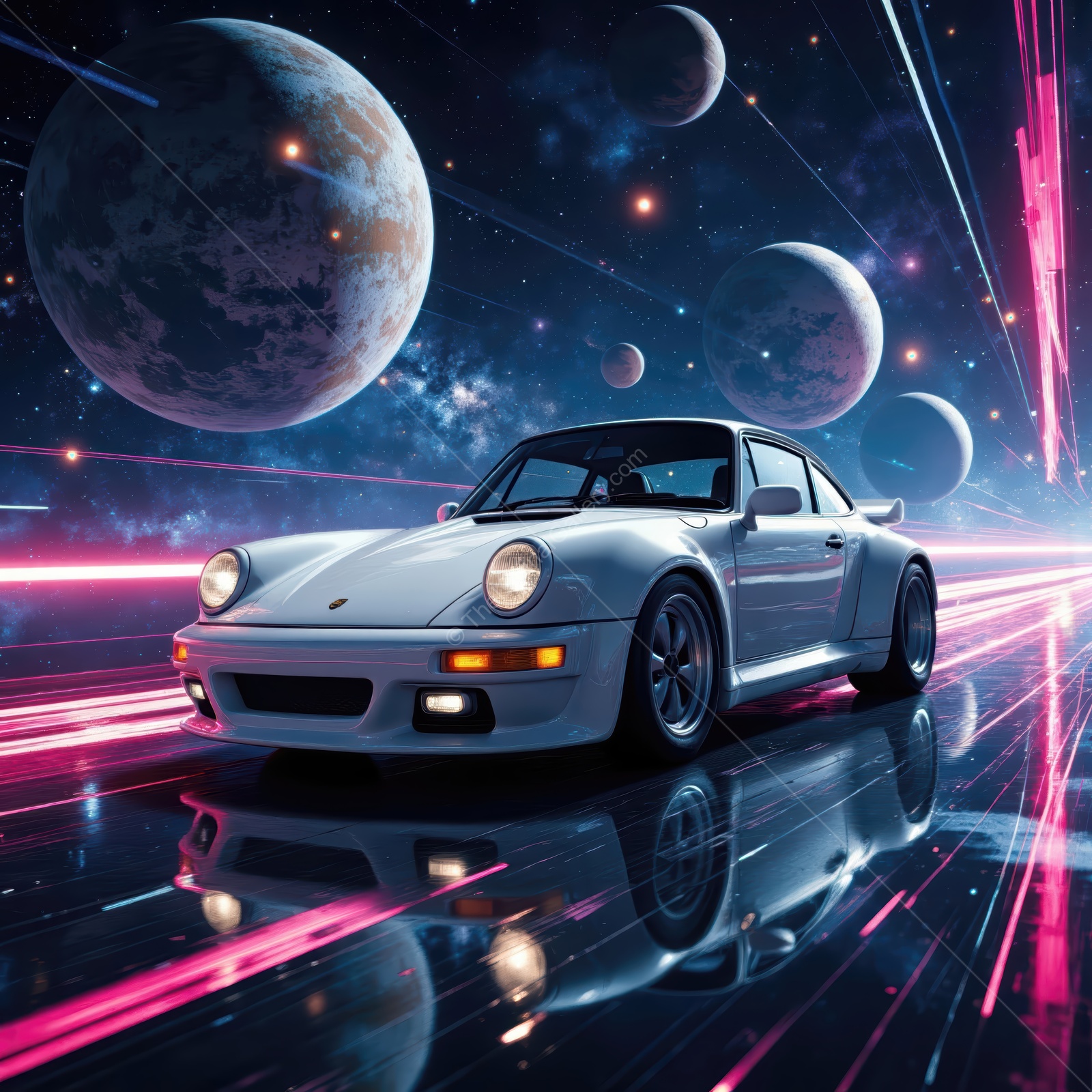 White sports car speeds through a cosmic landscape with vibrant colors and distant planets